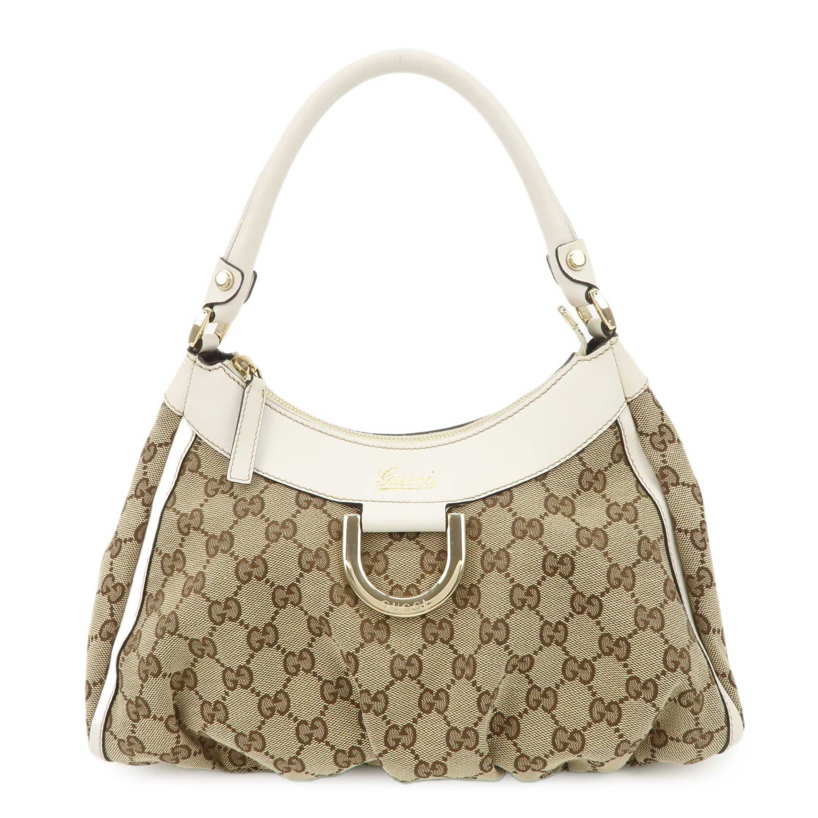GUCCI Abbey Leather GG Canvas Shoulder Bag Beige White 190525
