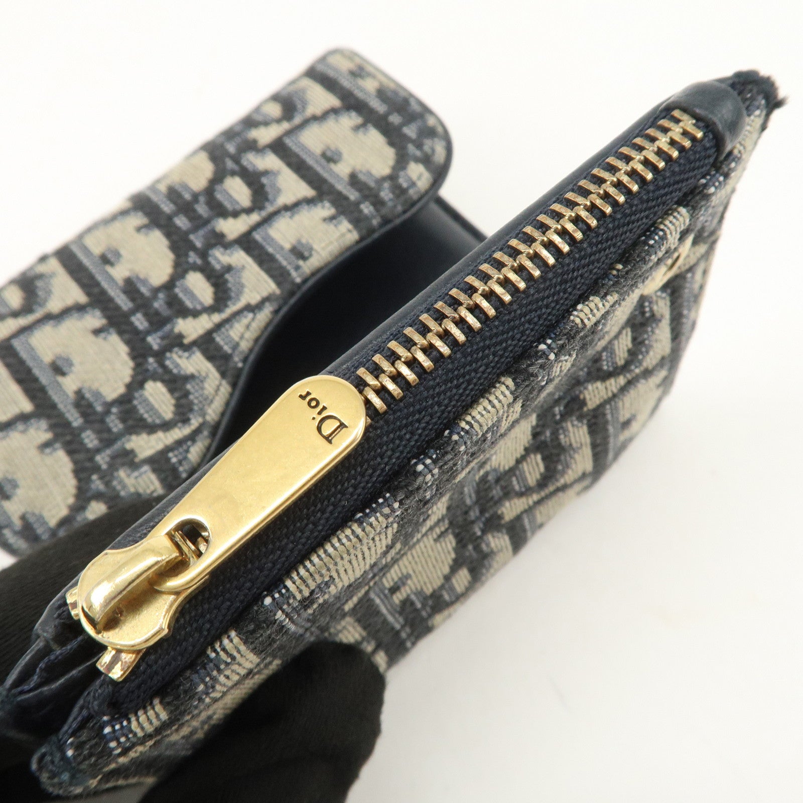 Christian Dior Trotter Canvas Leather Tri-fold Compact Wallet Navy