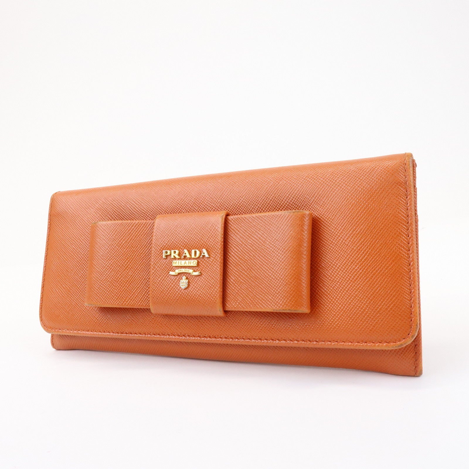 PRADA Saffiano Leather Ribbon Flap Long Wallet Orange 1M1132