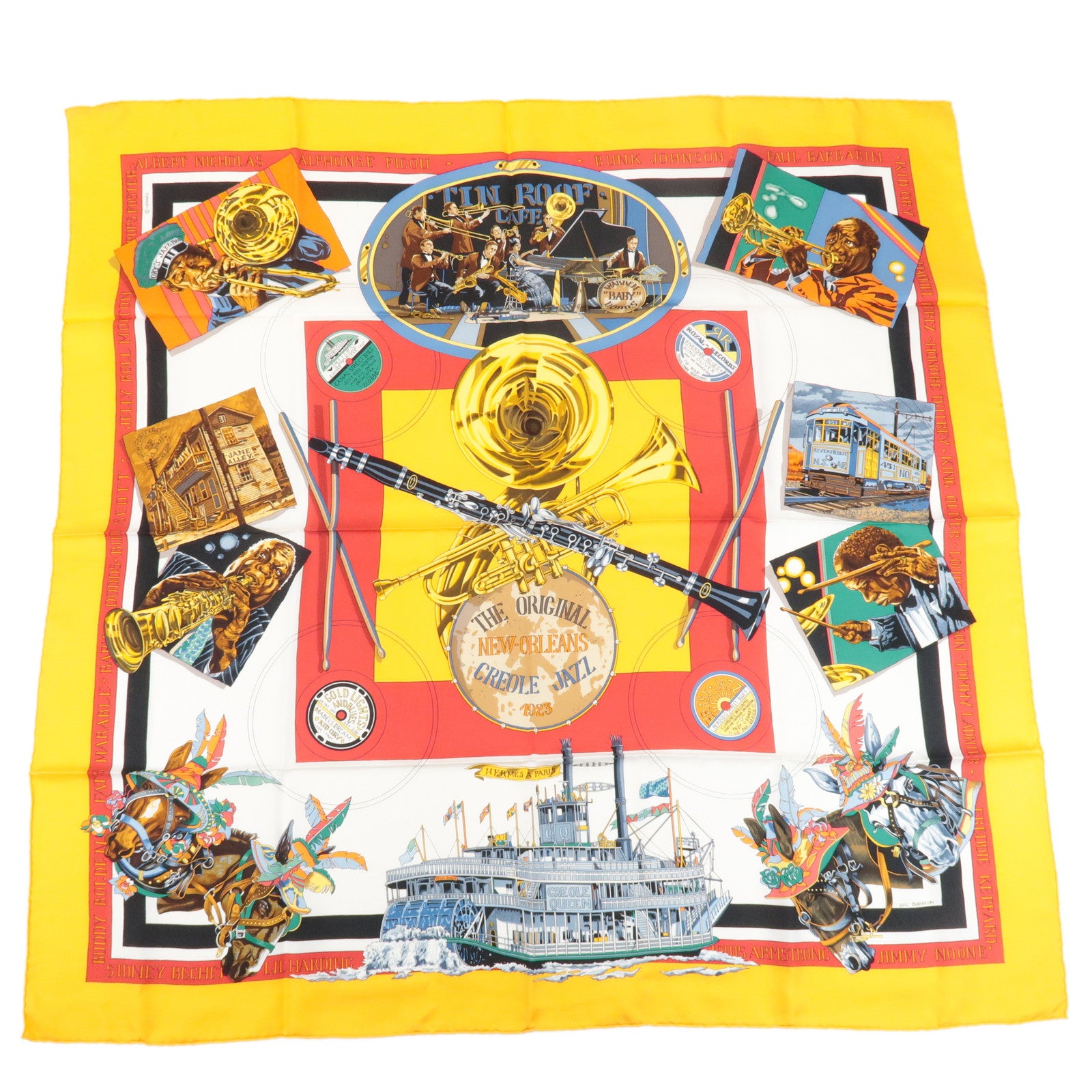 HERMES Carre90 Silk100% Scarf THE ORIGINAL NEW ORLEANS CREOLE JAZZ Used