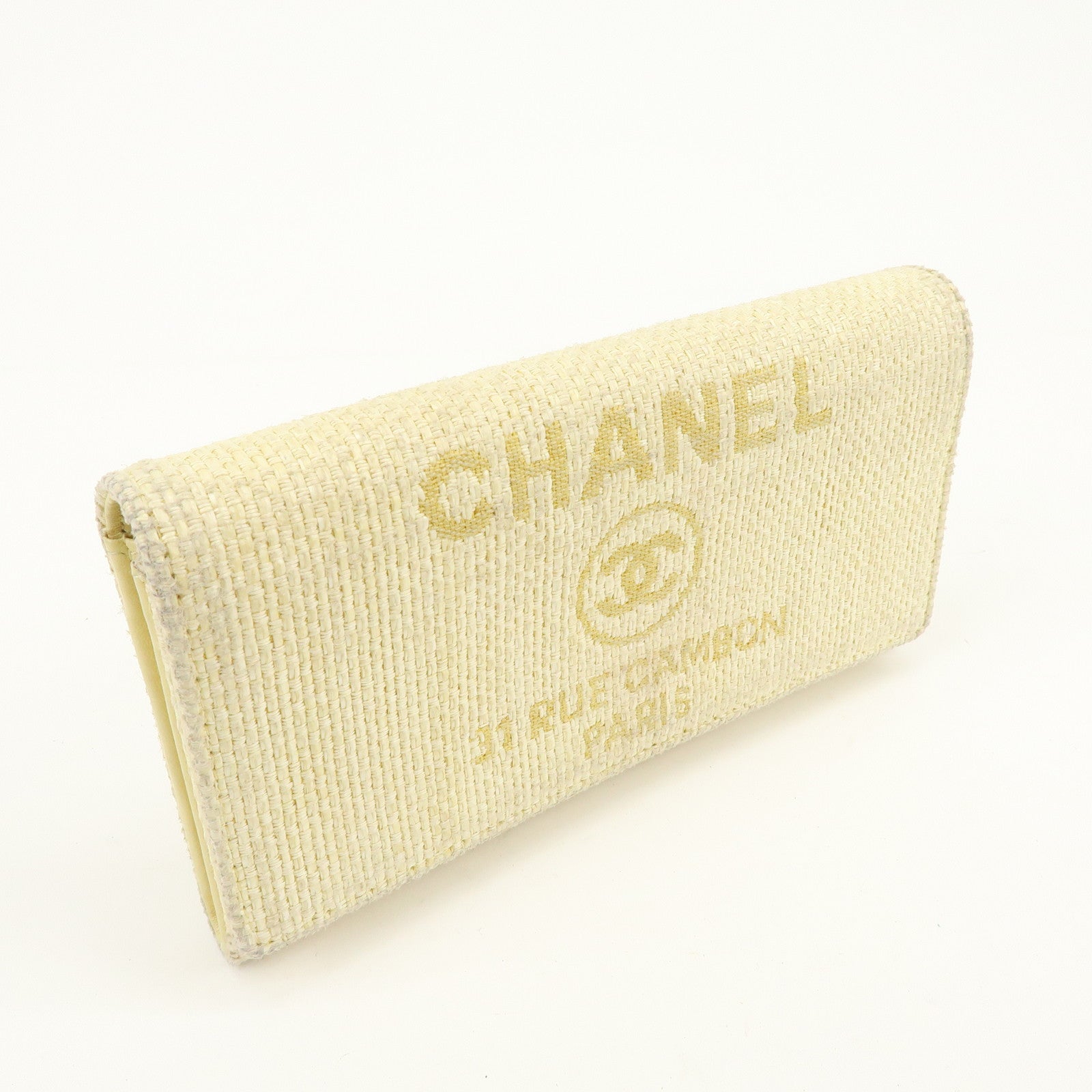 CHANEL Deauville COCO Mark Raffia Leather Long Wallet Yellow