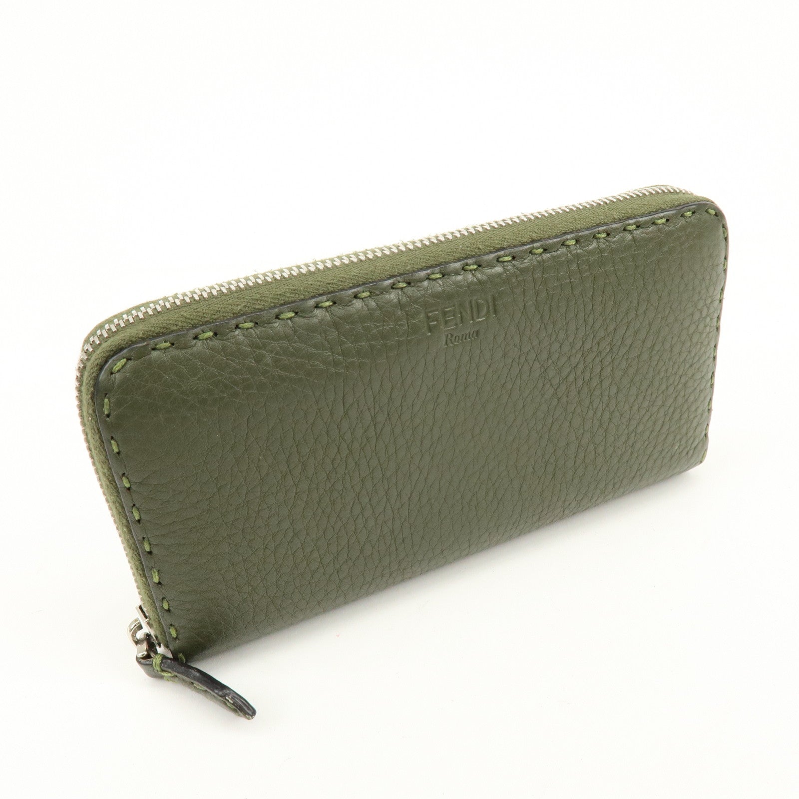 FENDI Selleria Leather Zippy Long Wallet Khaki 8M0299