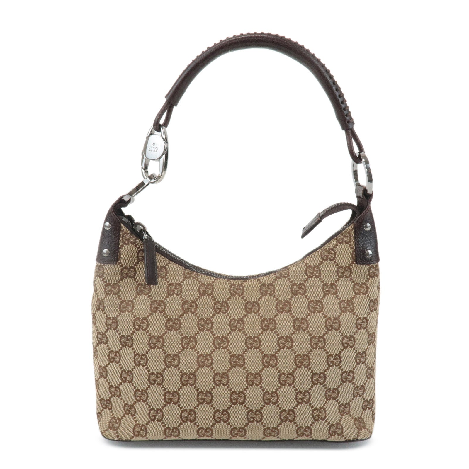 GUCCI GG Canvas Leather Shoulder Bag Hand Bag Beige Dark Brown 115002 Used