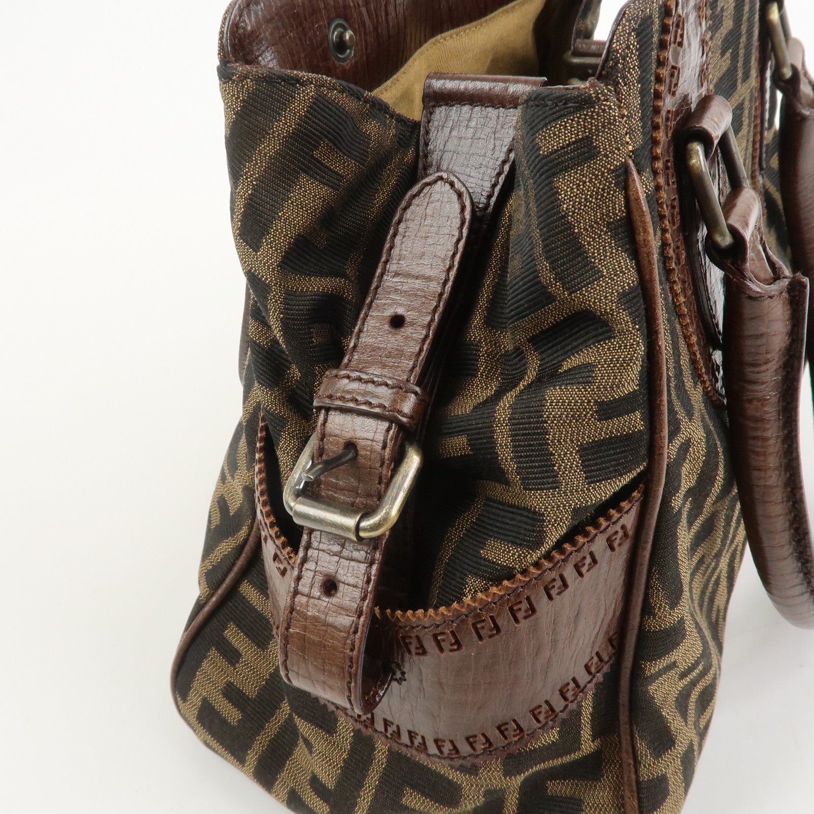 FENDI Etnico Canvas Leather Shoulder Bag Brown Black 8BN157