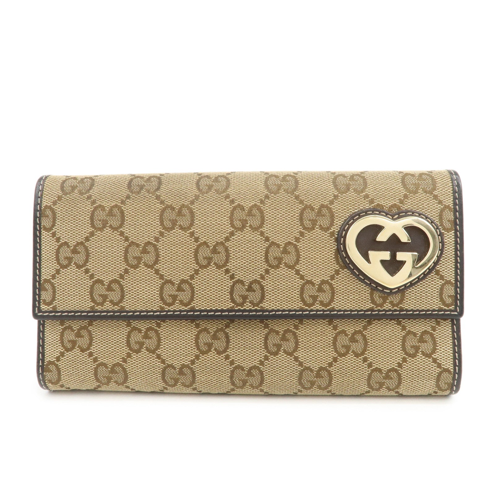GUCCI Lovely Heart GG Canvas Leather Long Wallet Brown 251861