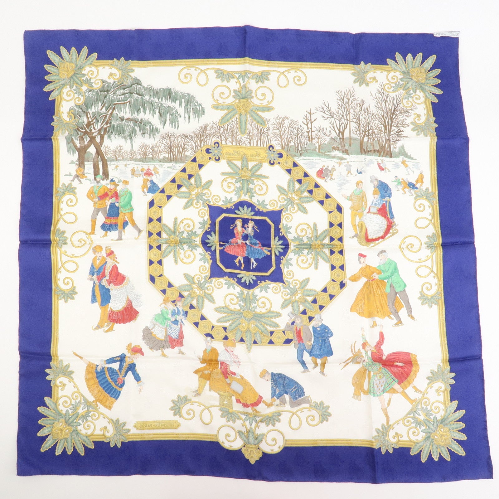 HERMES Carre 90 Silk 100% Scarf Joies d’Hiver Blue White Gold