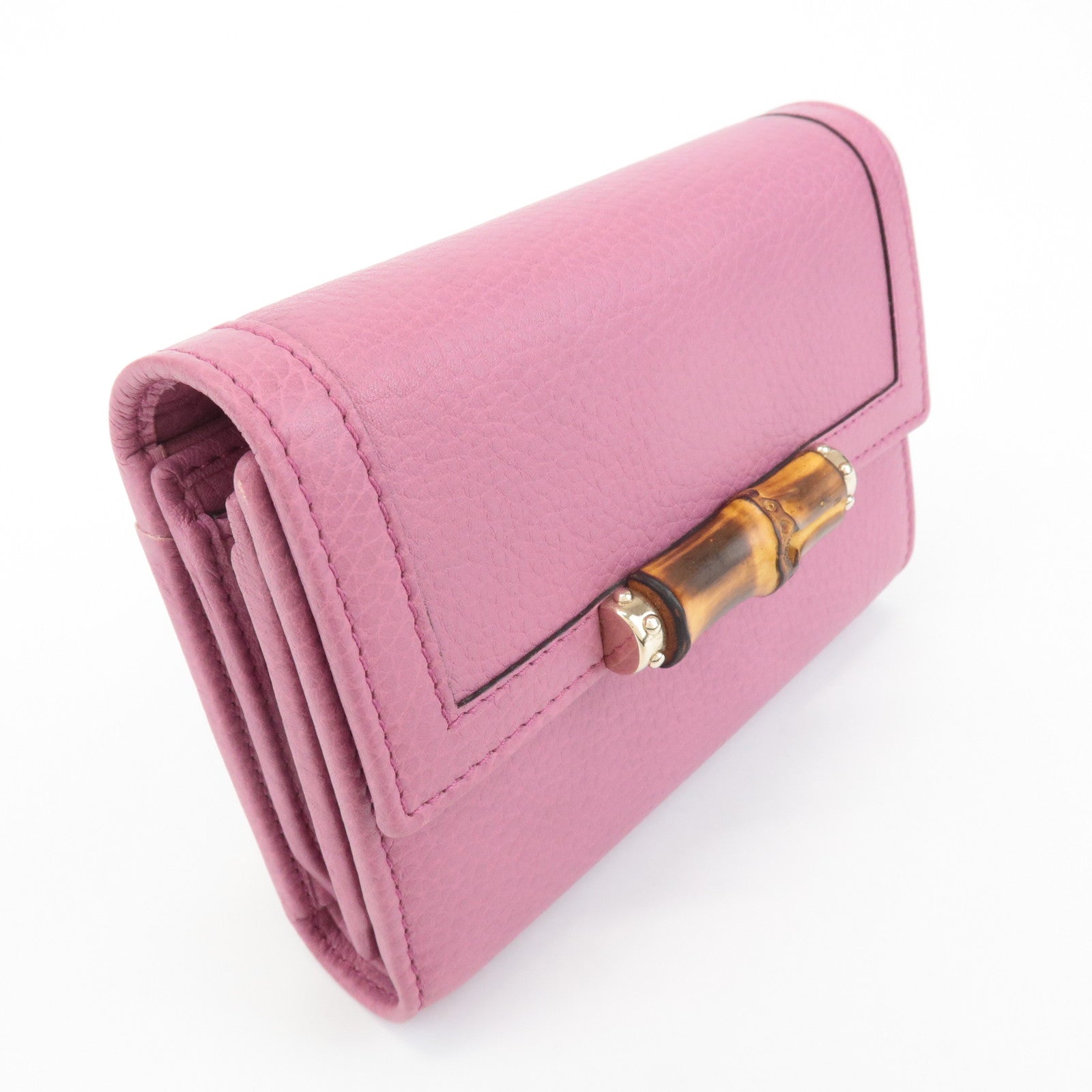 GUCCI Bamboo Leather Tri- Fold Wallet Pink 257017 Used