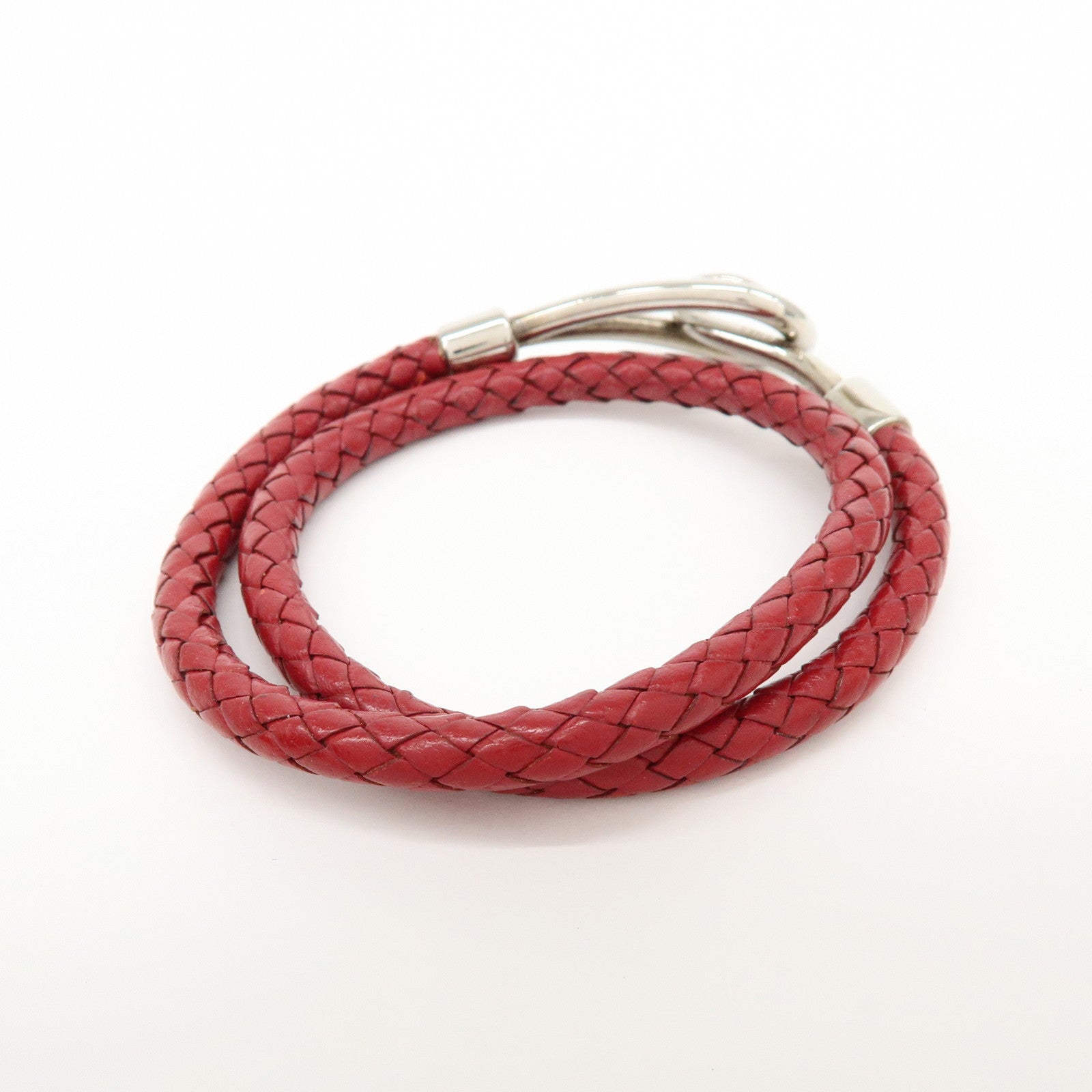 HERMES Jumbo Choker Double Tour Leather Metal Bracelet Red Silver