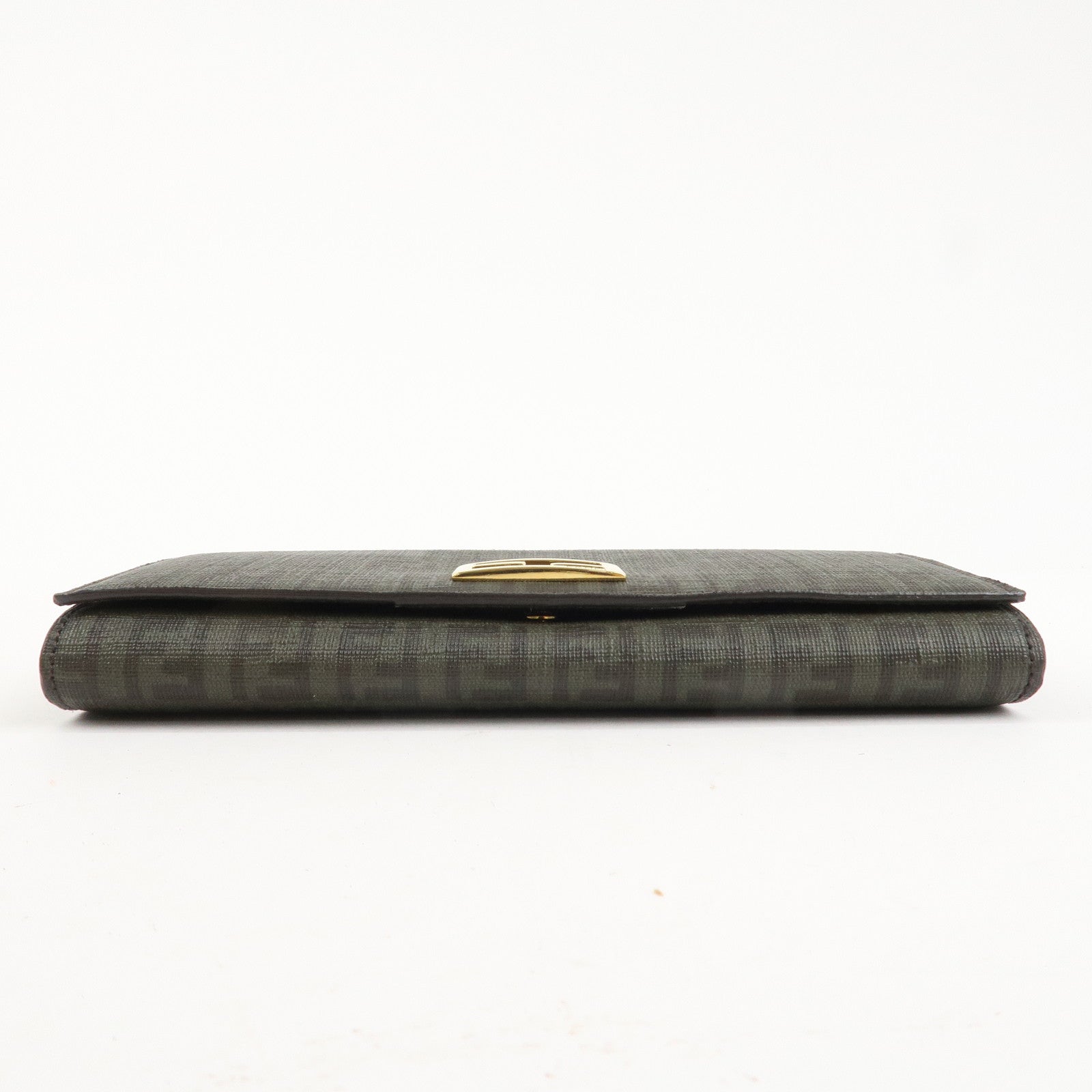 FENDI Zucchino PVC Flap Bi-Fold Long Wallet Black Moss Green 8M0235 Used