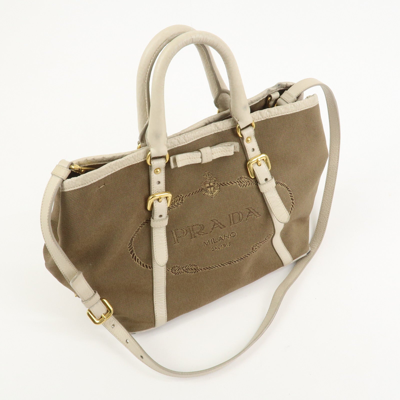PRADA Logo Jacguard Leather 2Way Tote Bag Brown Ivory BN1841