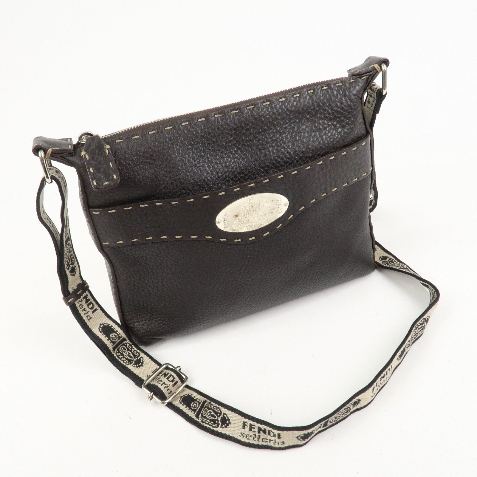 FENDI Selleria Leather Shoulder Bag Crossbody Bag Brown 8BT092