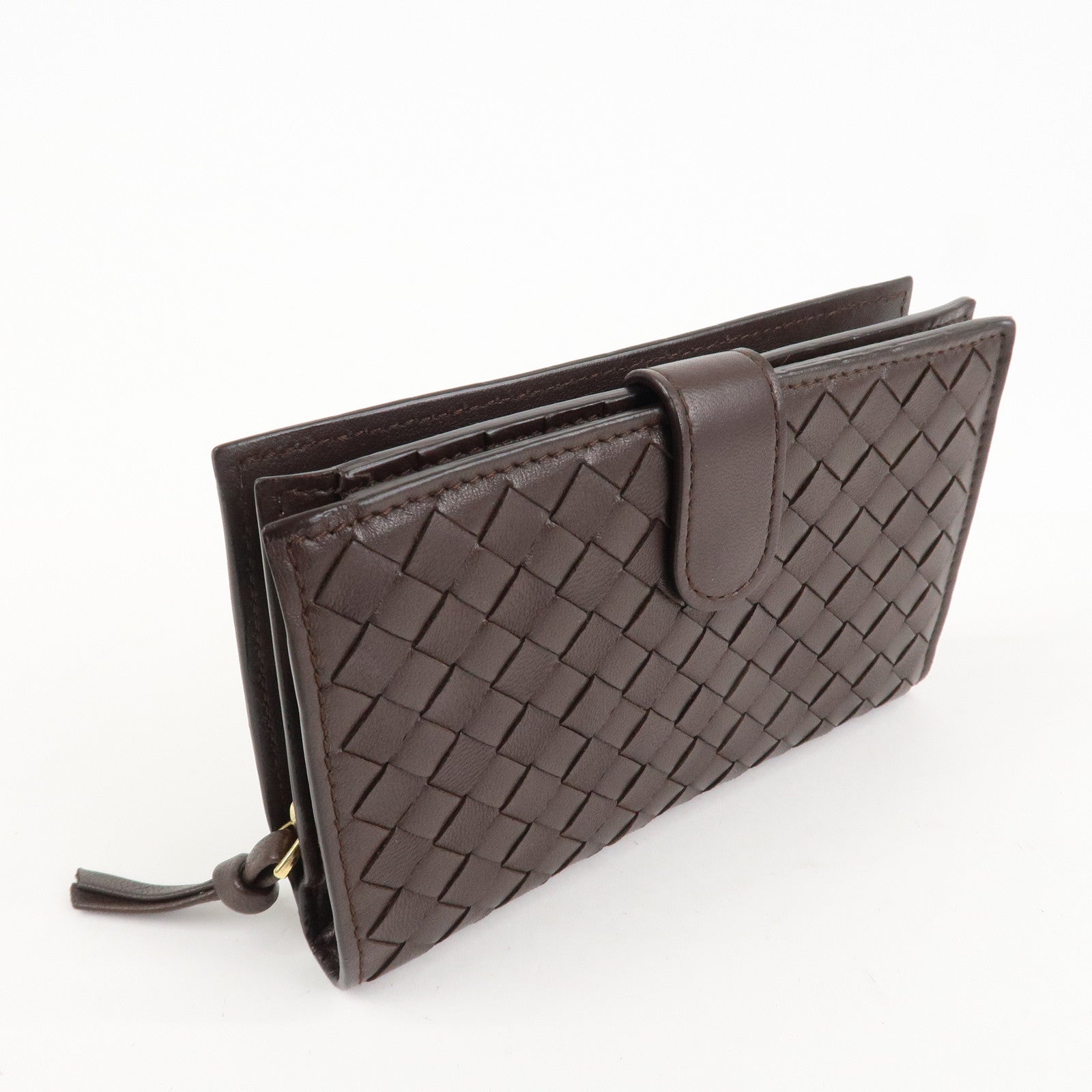 BOTTEGA VENETA Intrecciato Leather Bi-Fold Wallet Dark Brown 121060 Used