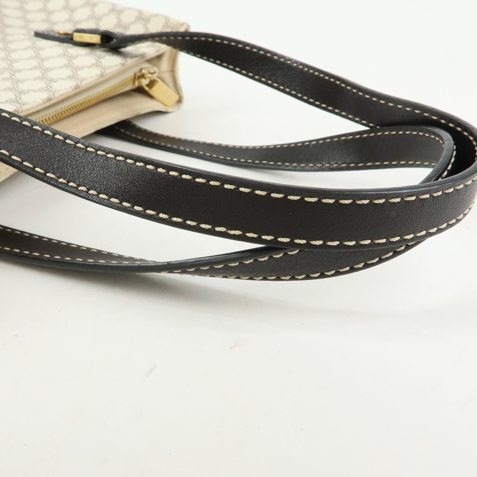 CELINE Macadam PVC Coated Canvas Leather Tote Bag White Dark Brown