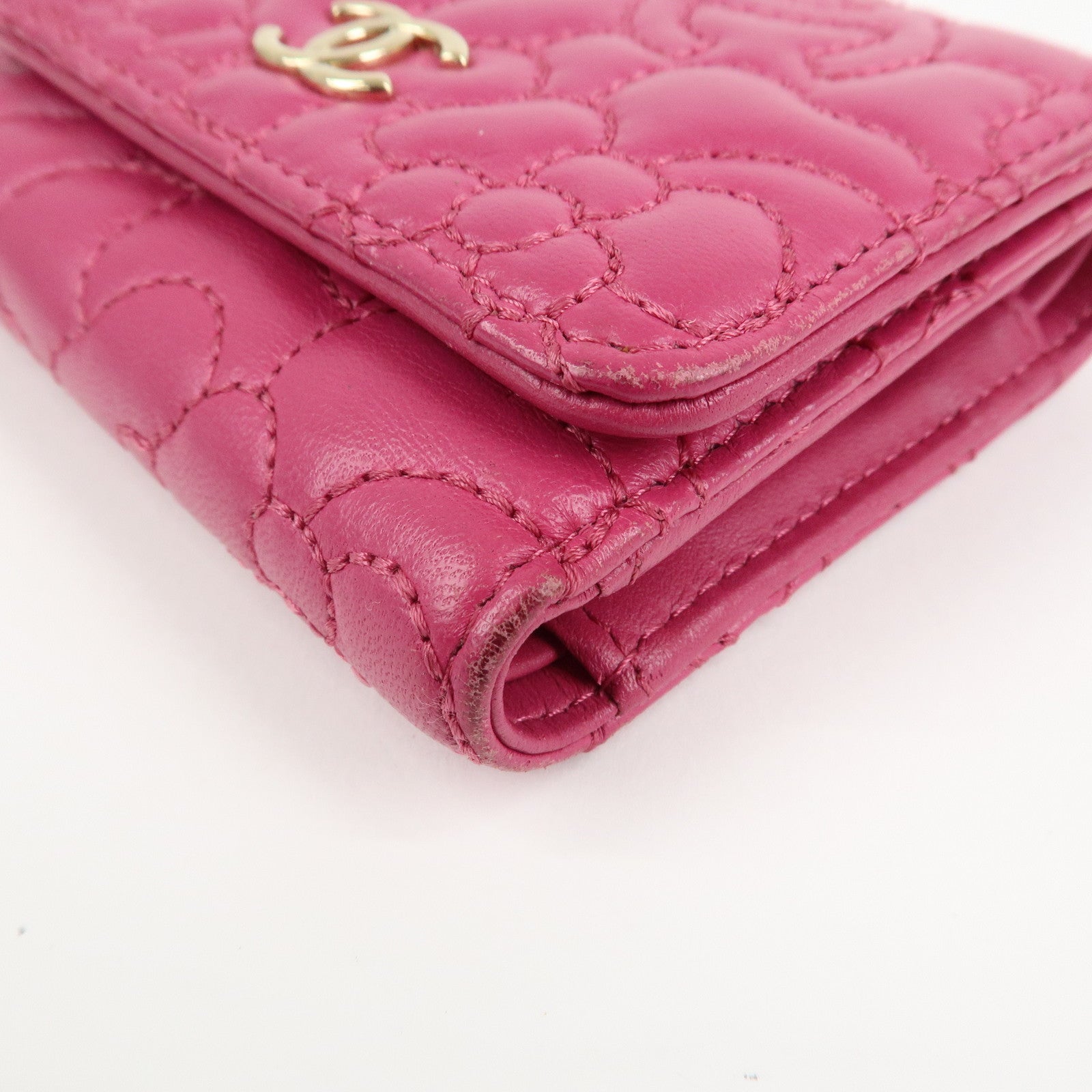 CHANEL Camellia No.5 Lamb Skin Leather Compact Wallet Pink A70615