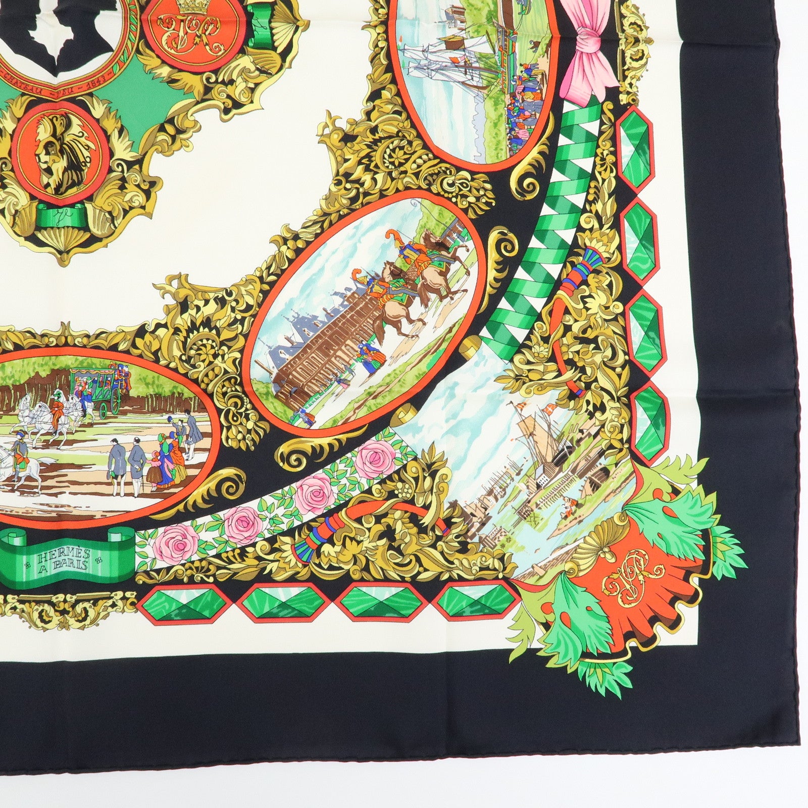 HERMES Carre 90 Silk100% Scarf L'Entente Cordiale Black White Green