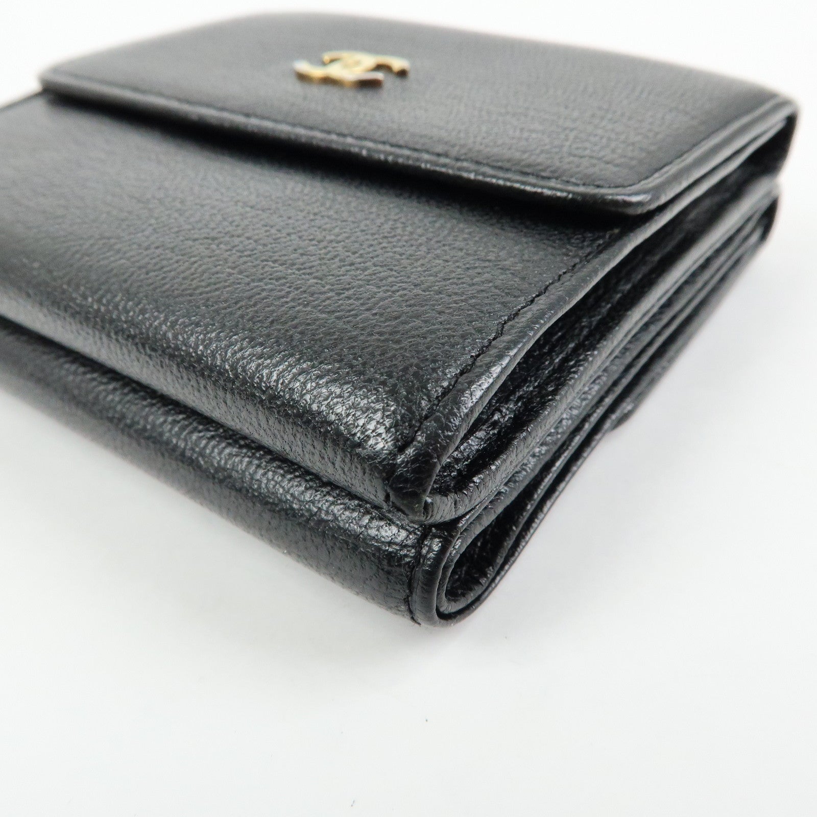 CHANEL COCO Mark Lamb Skin Tri-fold Compact Wallet Black A13456