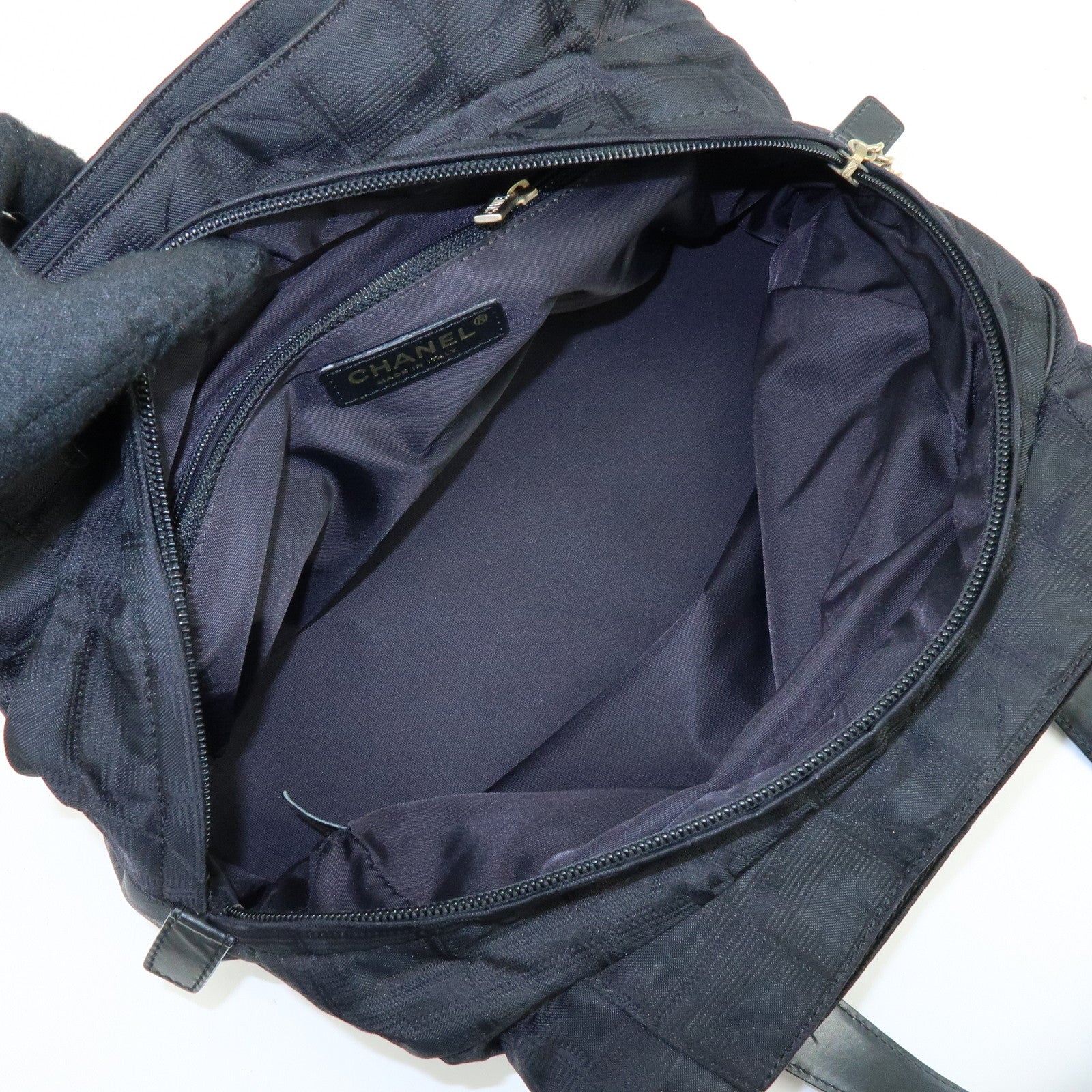 CHANEL New Travel Line Nylon Jacquard Leather Hand Bag Black