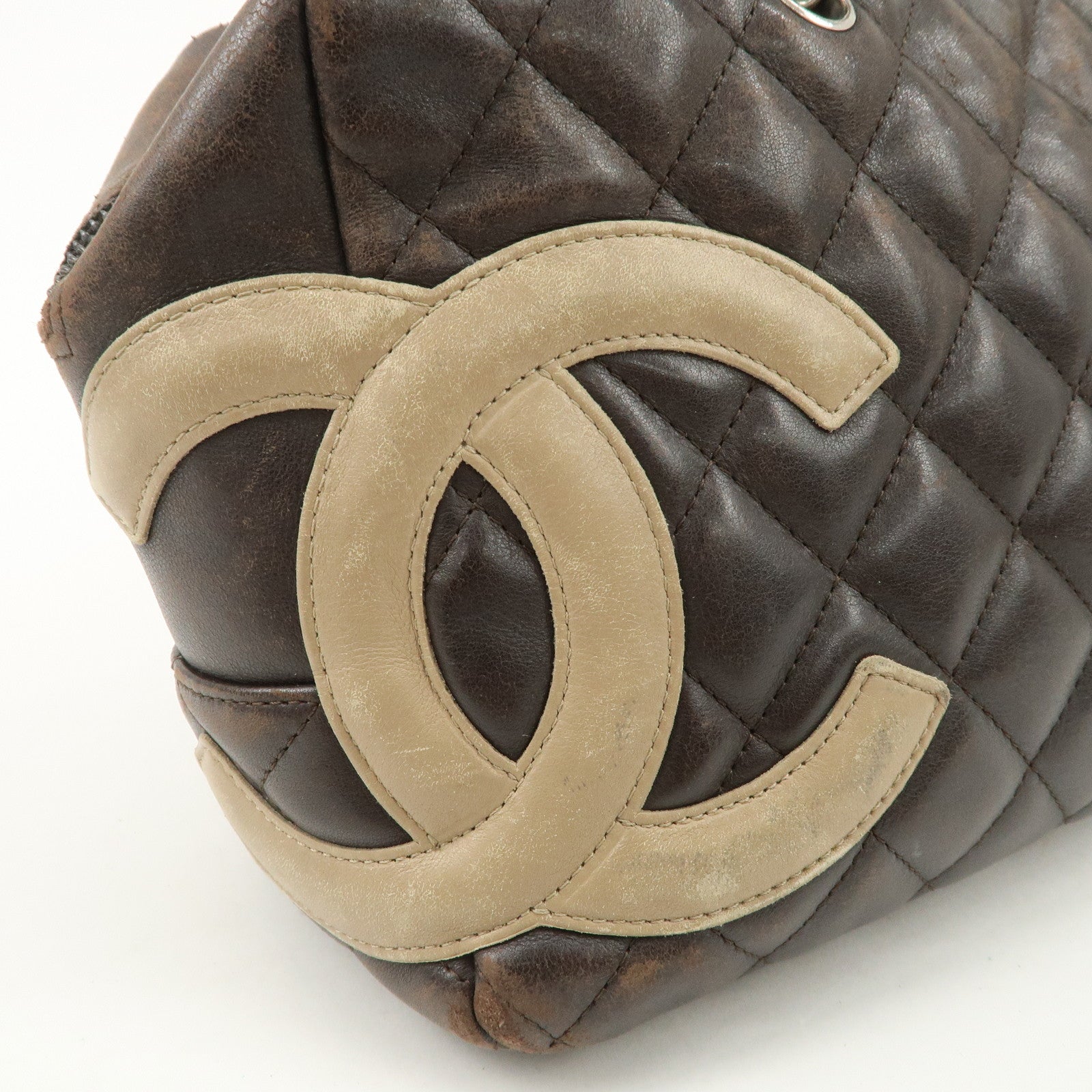 CHANEL Cambon Line Lamb Skin Bowling Bag Hand Bag Brown A25171 Used