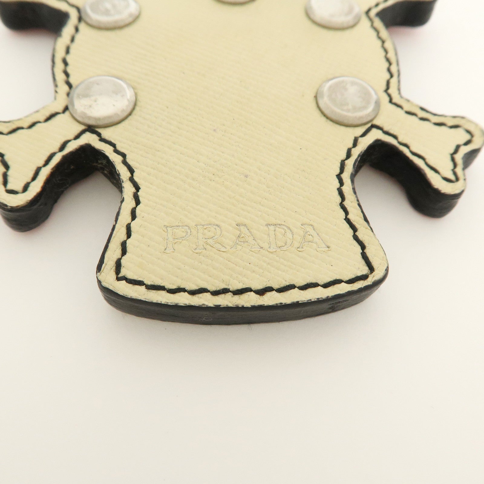 PRADA Saffiano Leather Metal Skull Bag Key Charm Key Holder Ivory