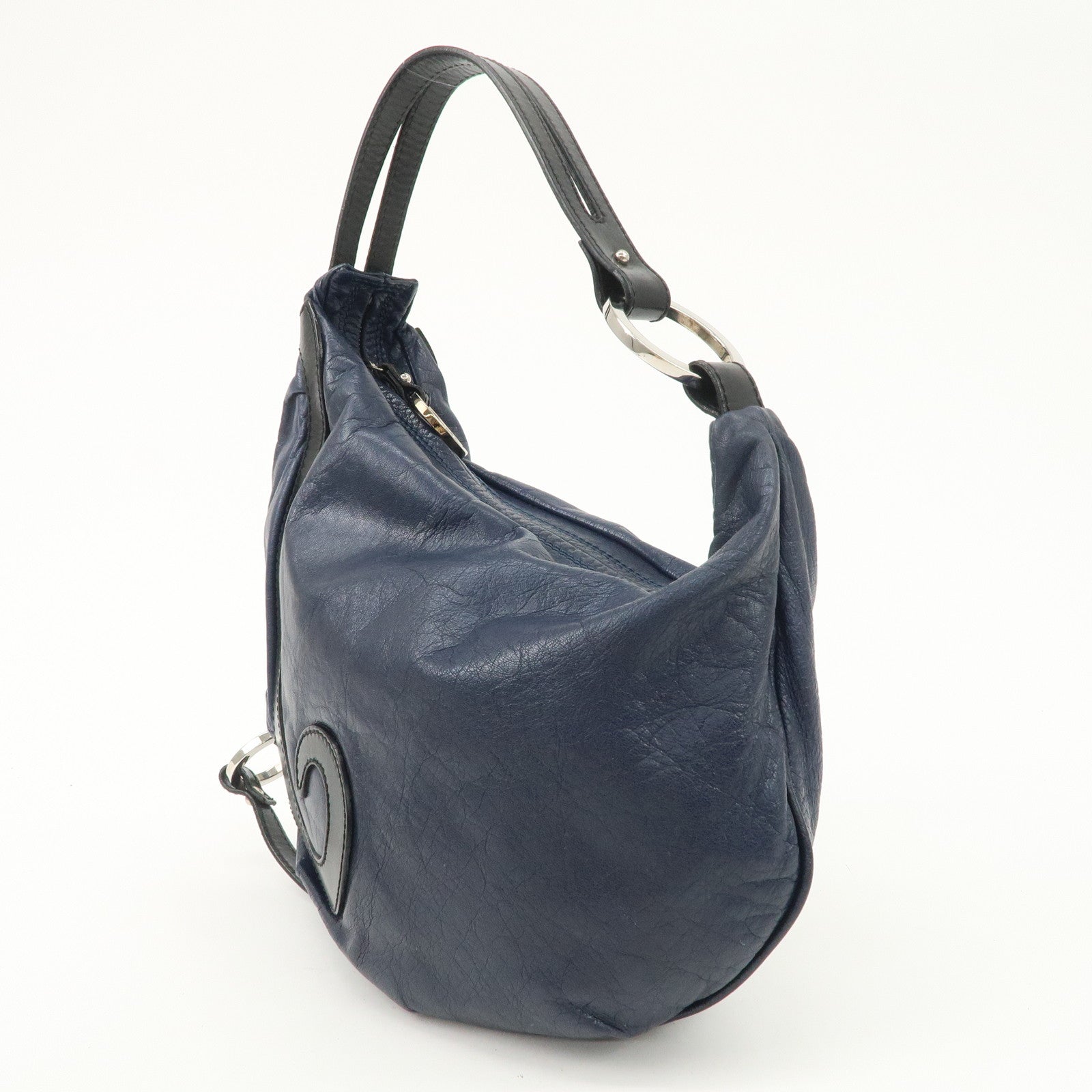 FENDI Leather Shoulder Bag Navy Black Silver HDW 8BR293 Used