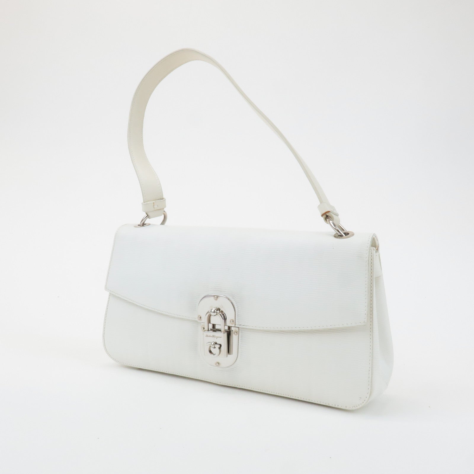 Ferragamo Gancini Leather Shoulder Bag White Silver HDW Used
