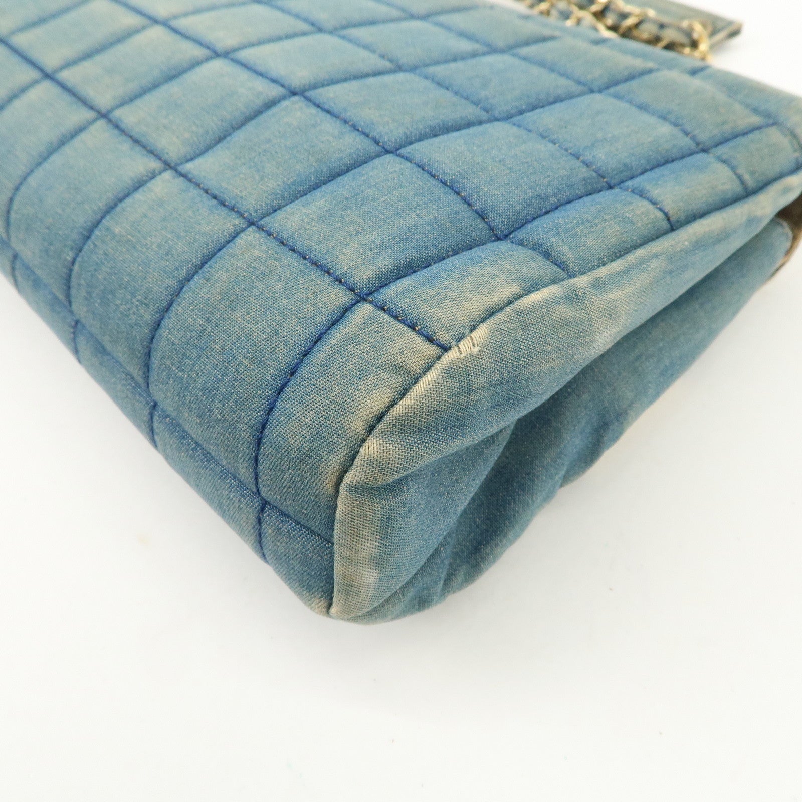 CHANEL COCO Mark Wide Stitch Chocolate Bar Chain Shoulder Bag Blue Gold Used