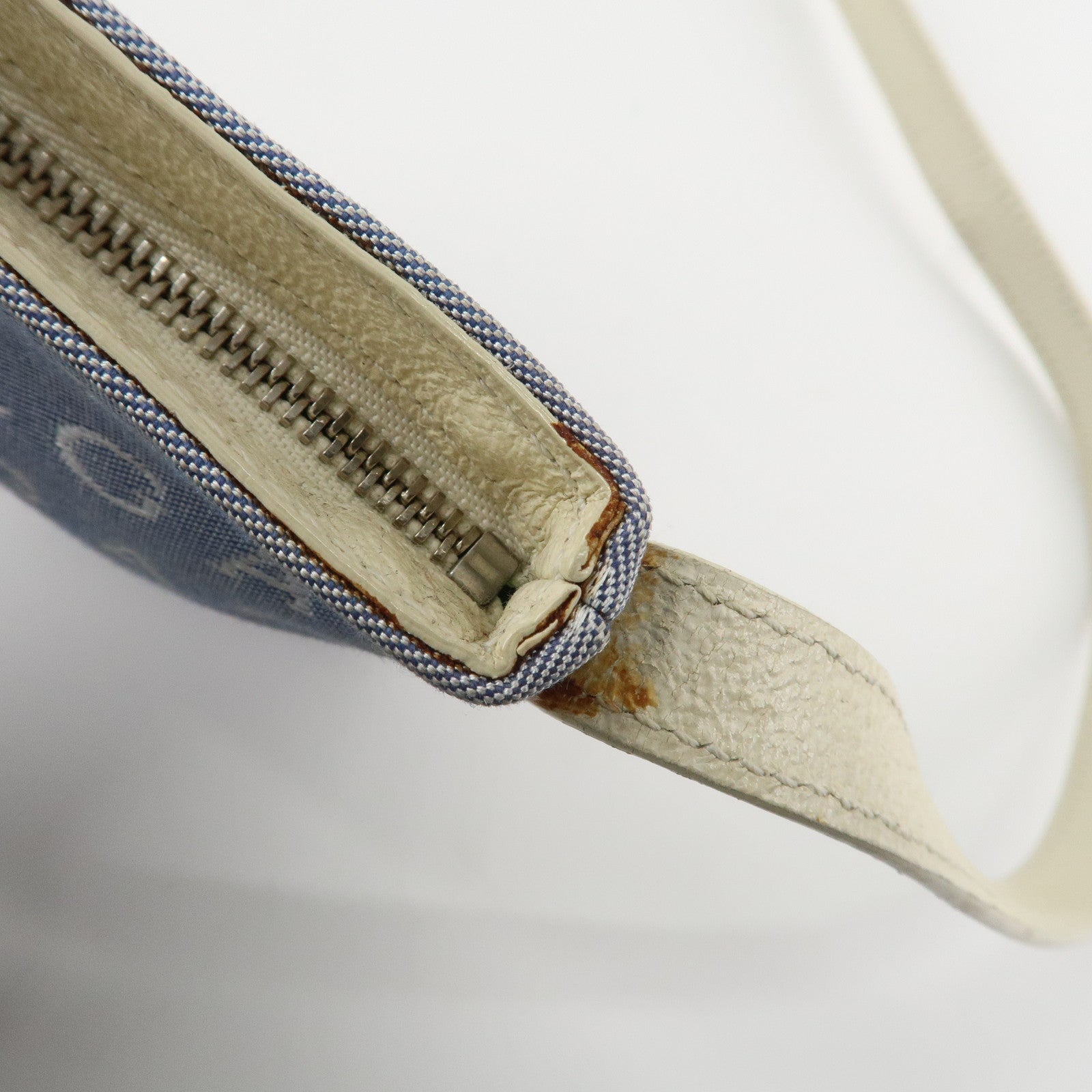 BVLGARI Logo Mania Leather Canvas Shoulder Bag Ivory Light Blue Used