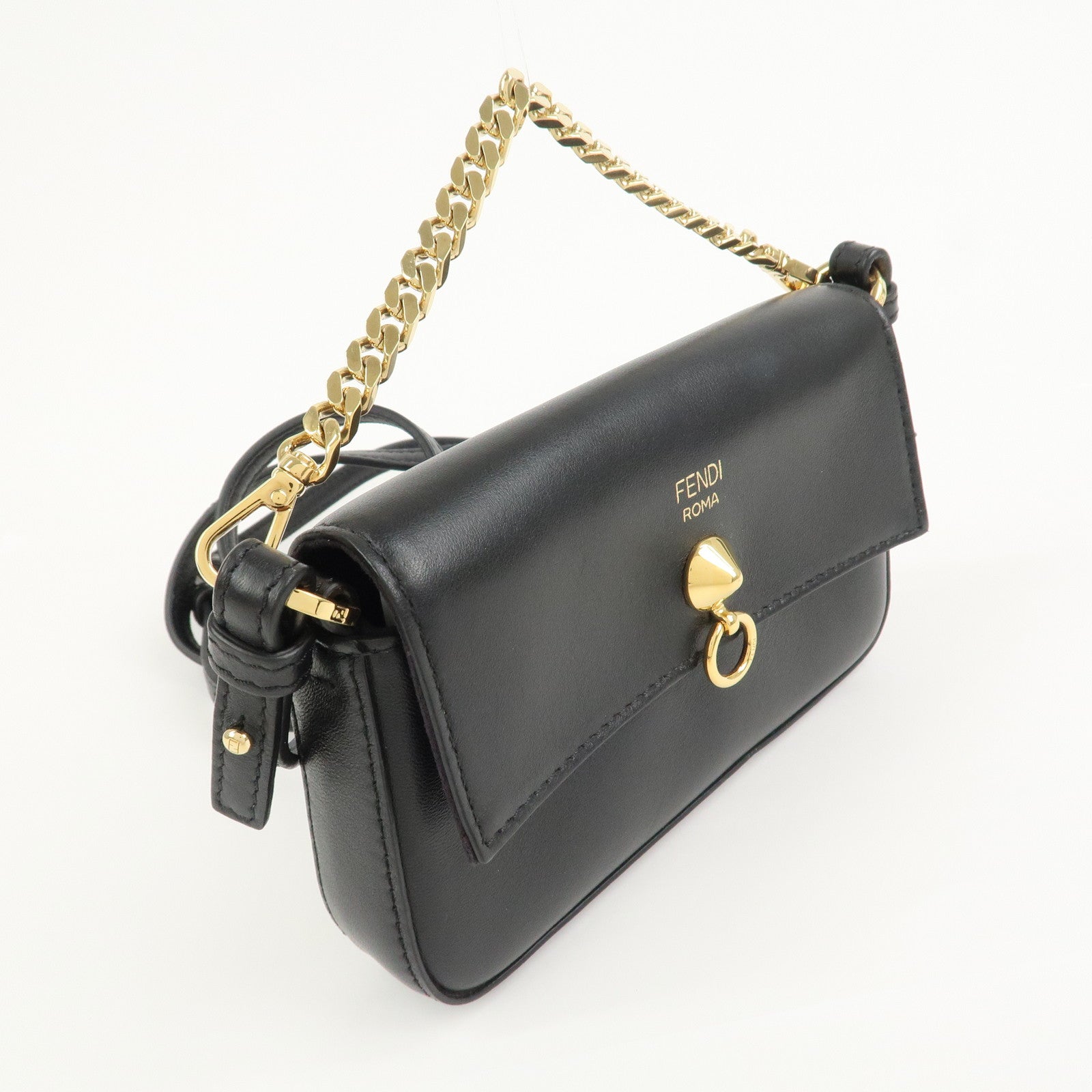 FENDI Leather Micro Baguette Shoulder Crossbody Bag Black 8M0354