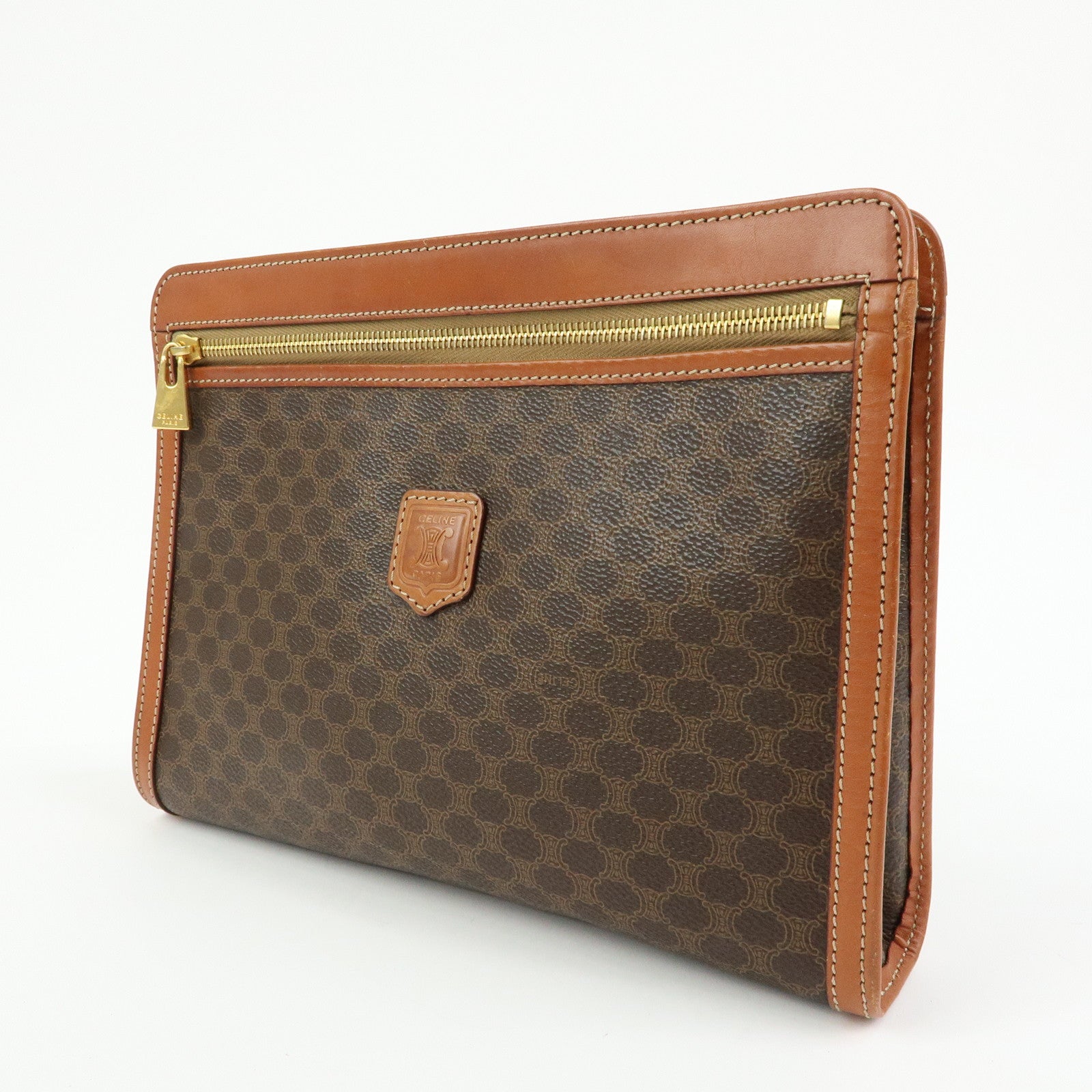 CELINE Logo Macadam PVC Leather Clutch Bag Flat Pouch Brown