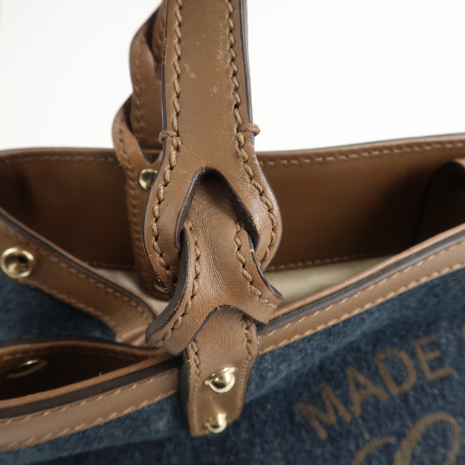 GUCCI Craft Denim Leather Tote Bag Hand Bag Navy Brown 348715
