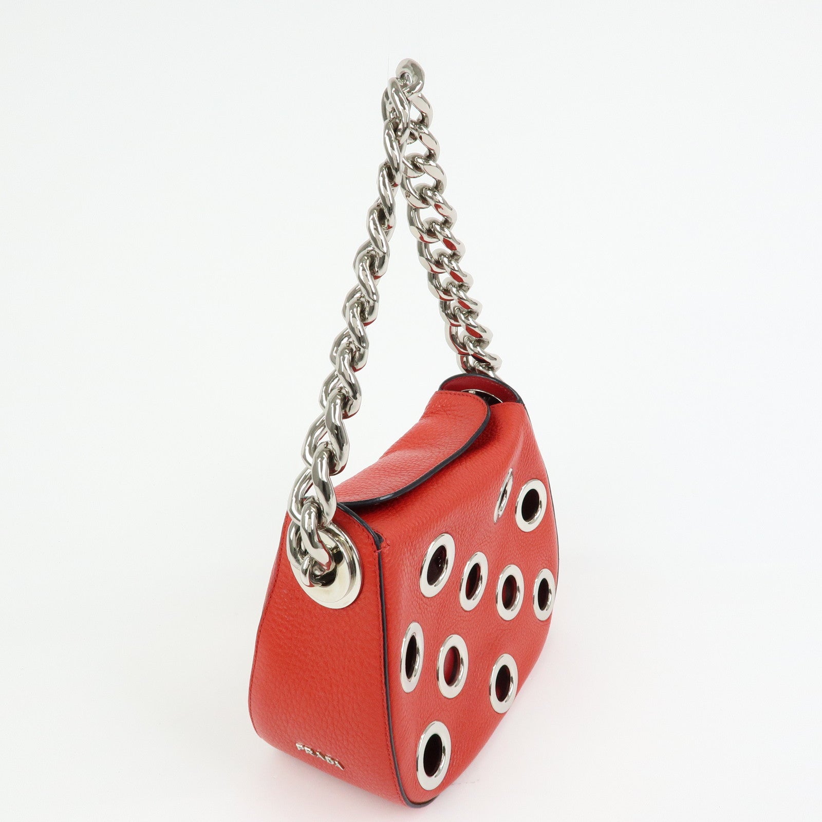 PRADA Grommet Leather Chain Shoulder Bag Hand Bag Red