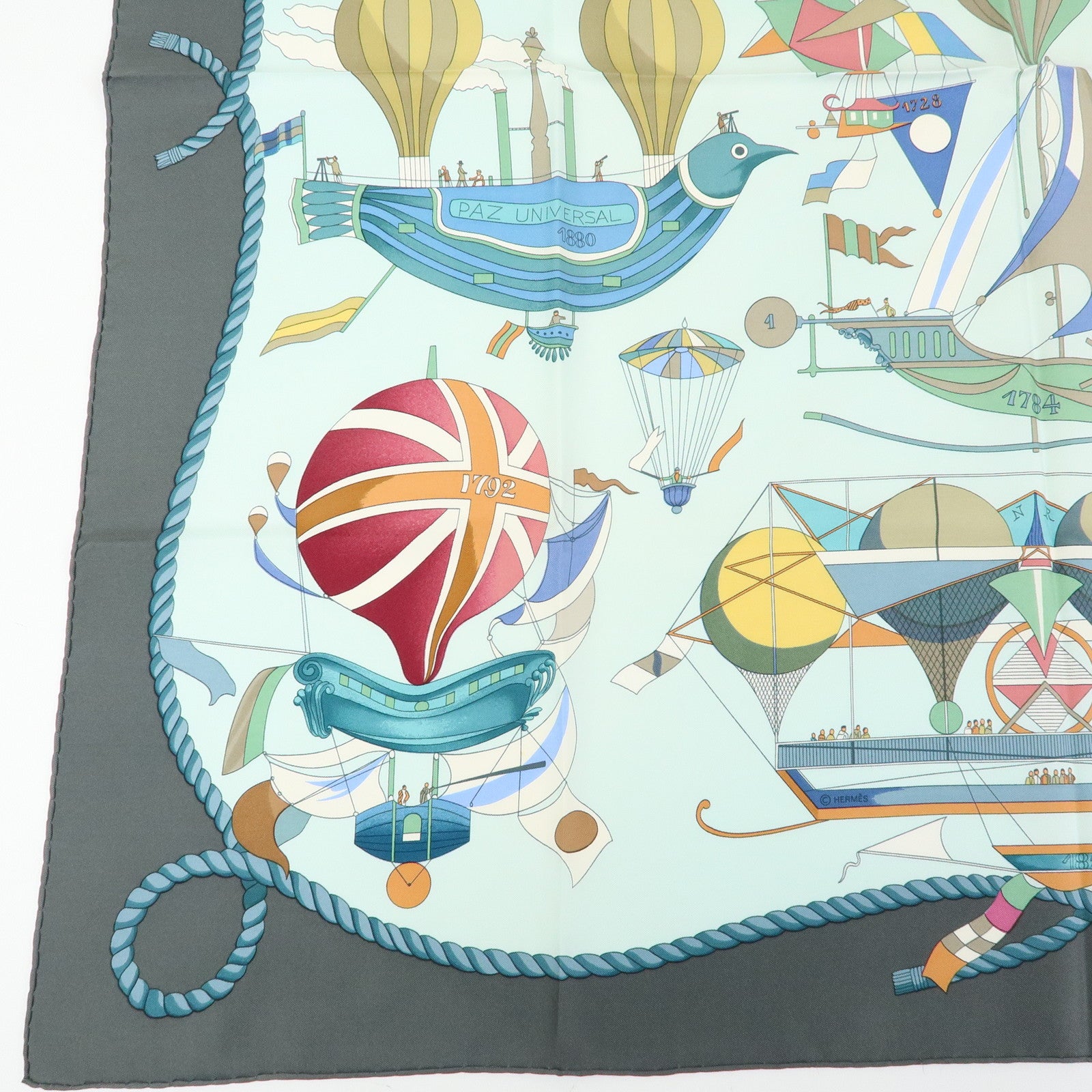 HERMES Carre 90 Silk 100% Scarf LES FOLIES DU CIEL Light Green Gray