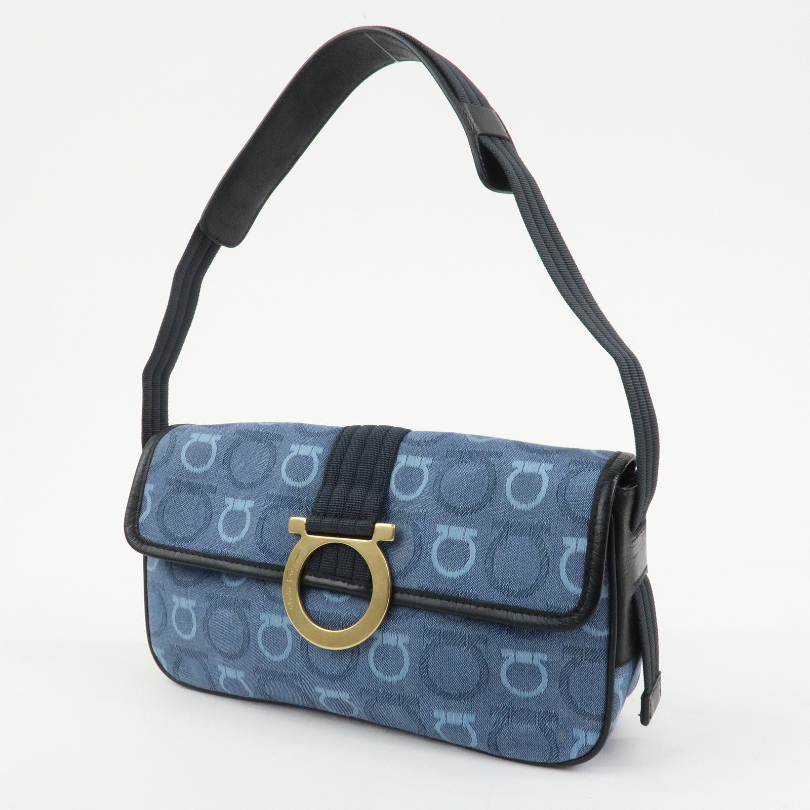 Ferragamo Gancini Canvas Leather Shoulder Bag Blue Black