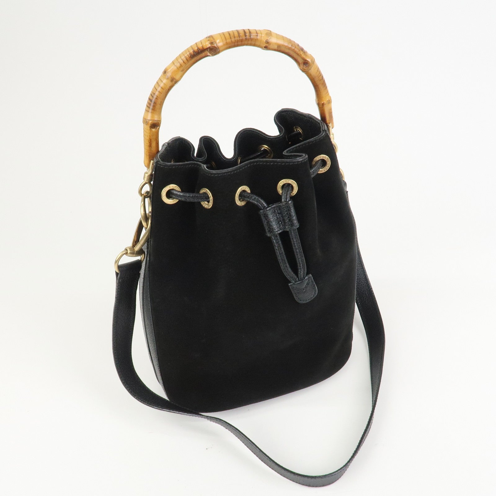 GUCCI Bamboo Logo Suede Leather 2WAY Bag Hand Bag Black 001・2855