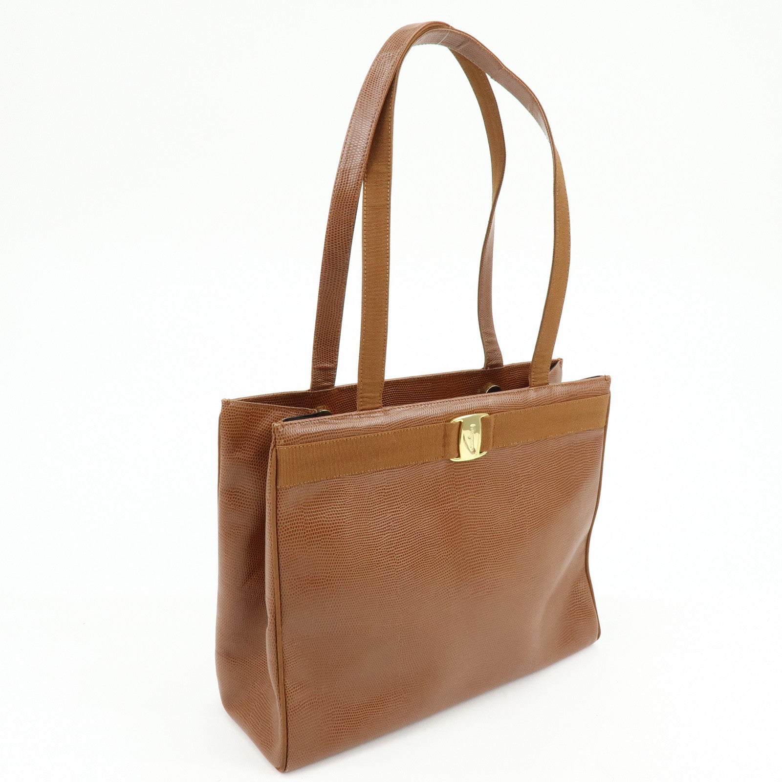 Ferragamo Vara Embossed Leather Tote Bag Shoulder Bag Brown
