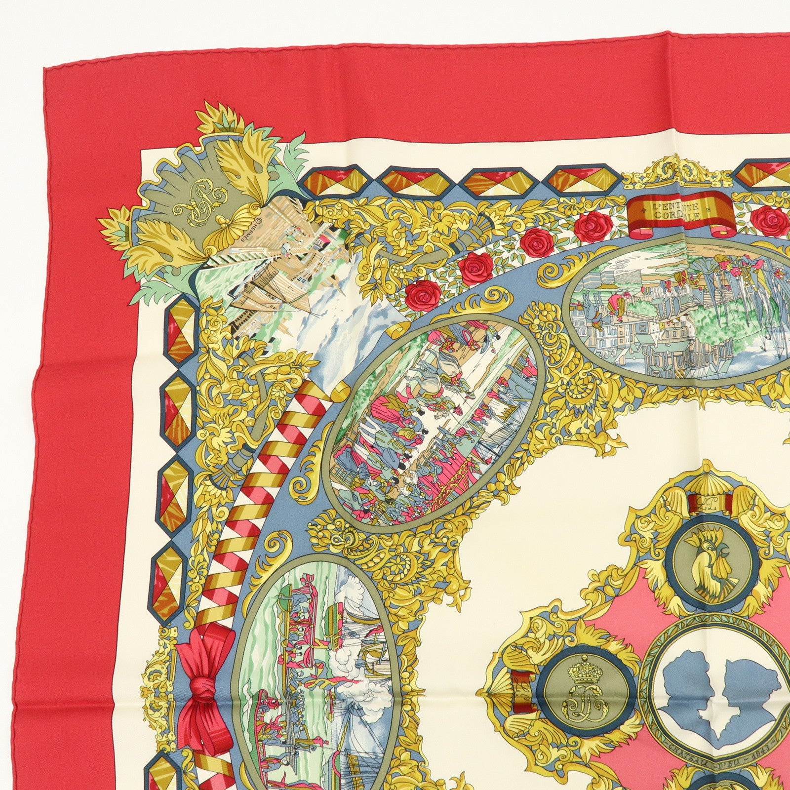 HERMES Carre 90 Silk 100% Scarf L'ENTENTE CORDIALE Red Ivory