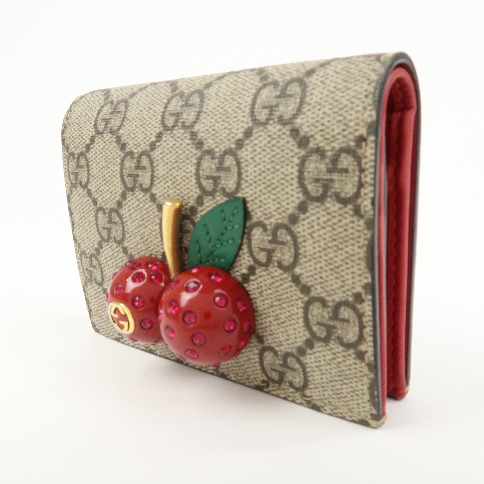 GUCCI Interlocking G GG Supreme Cherry Compact Wallet Beige 476050