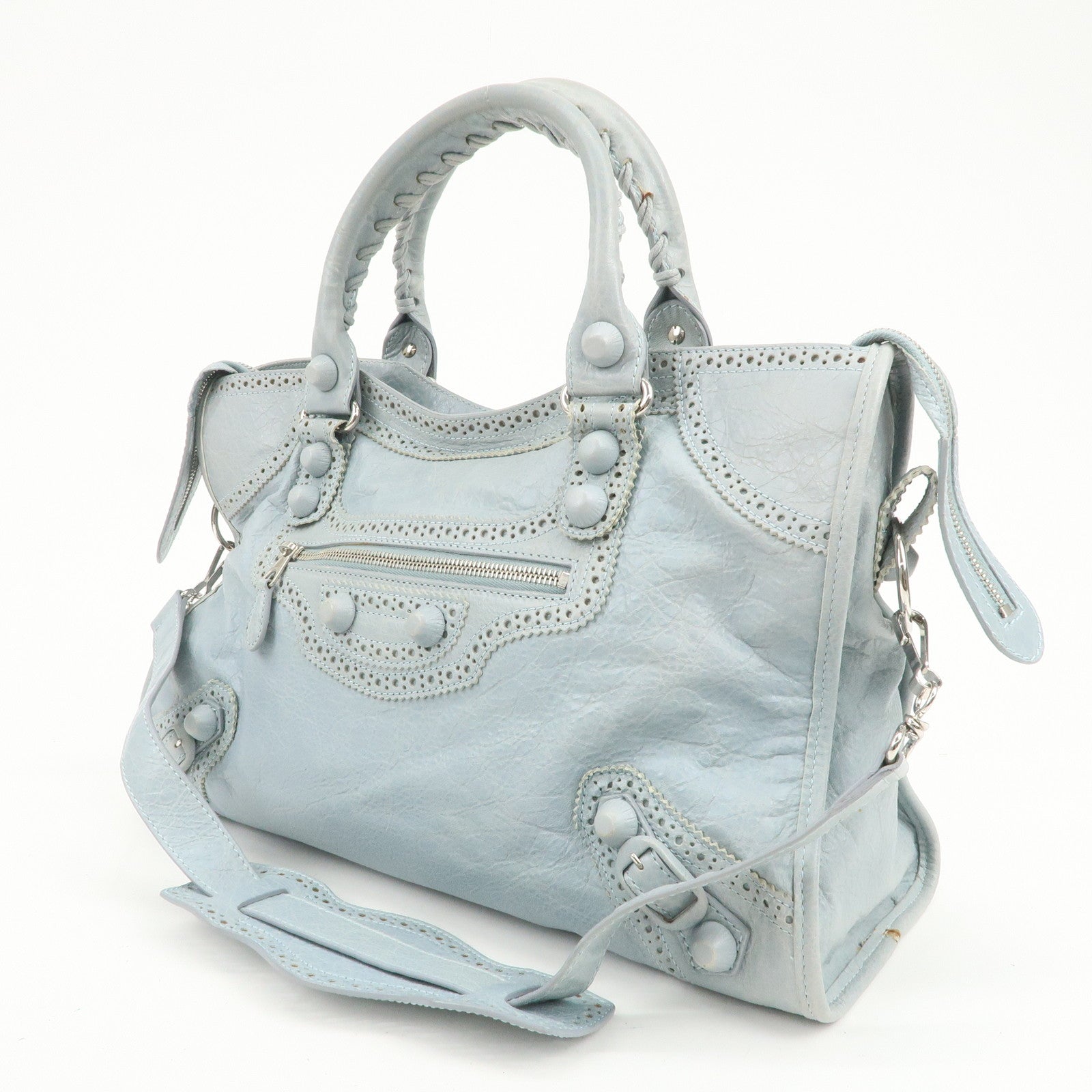 BALENCIAGA Giant City Leather 2Way Shoulder Bag Light Blue 258044