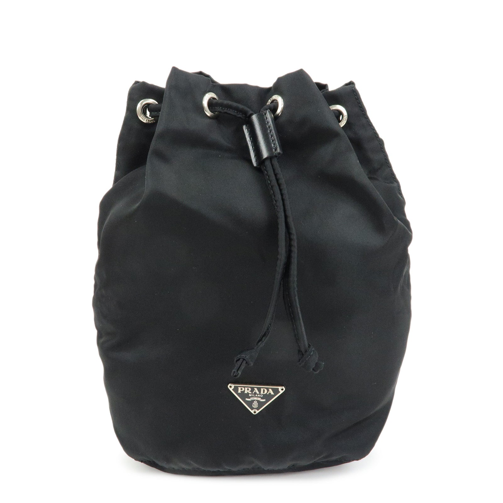 PRADA Triangle Logo Nylon Leather Drawstring Pouch Black MV369