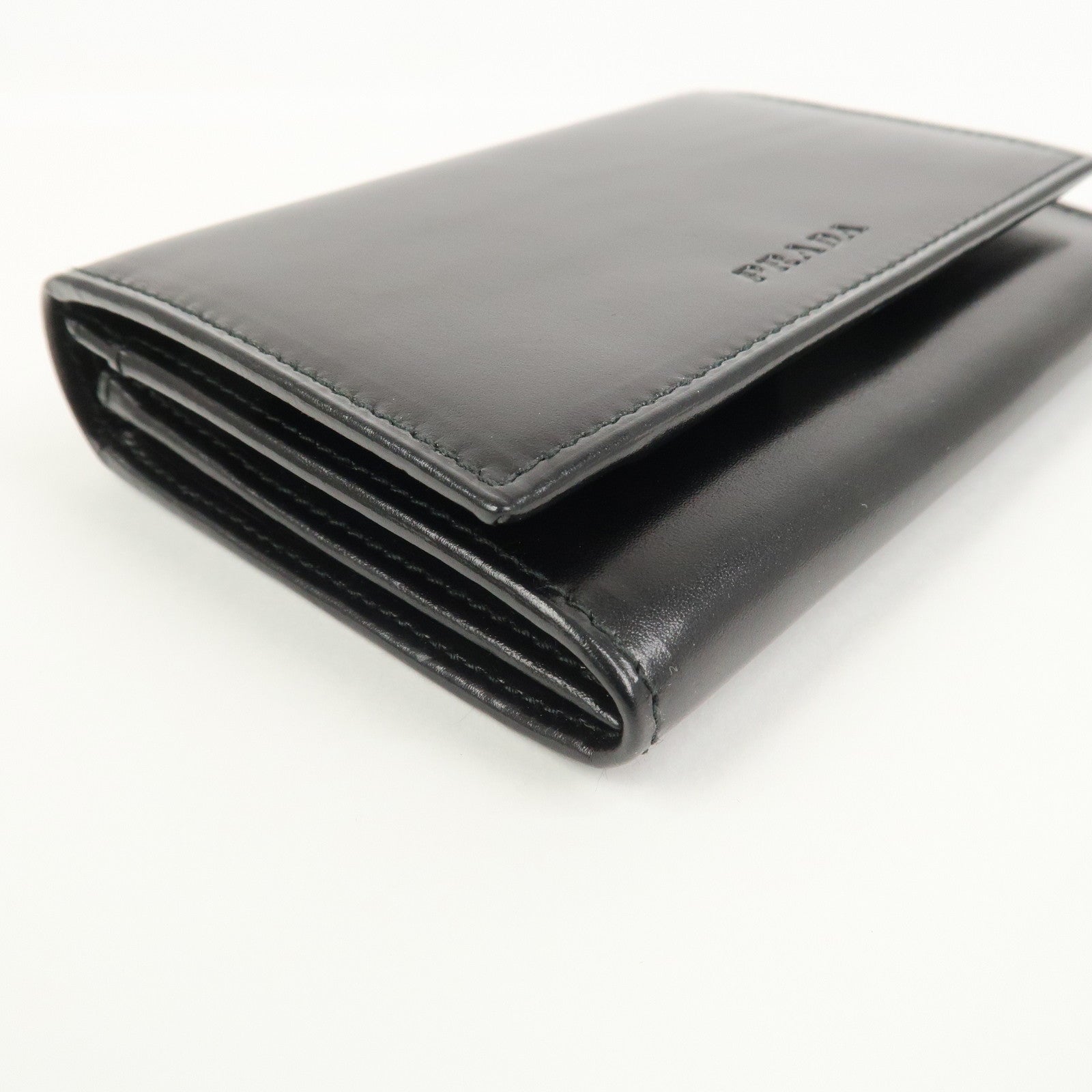 PRADA Logo Leather Compact Wallet Card Case Coin Case Black