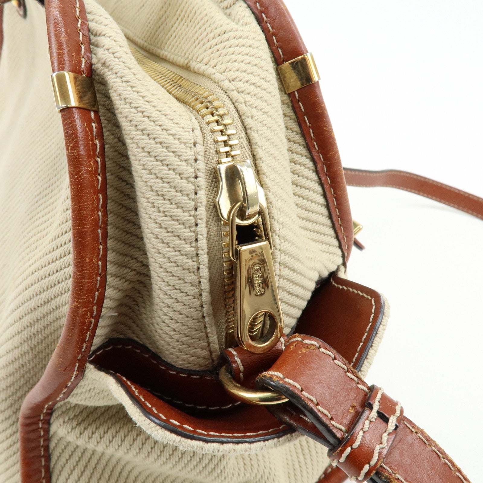 Chloe Susan Cotton Leather 2Way Bag Shoulder Bag Beige Brown