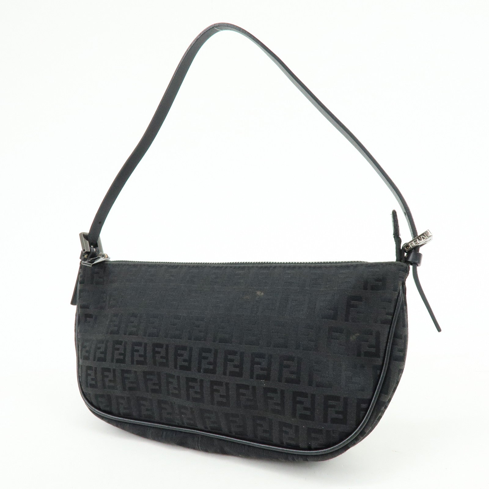 FENDI Zucchino Canvas Leather Shoulder Bag Hand Bag Black