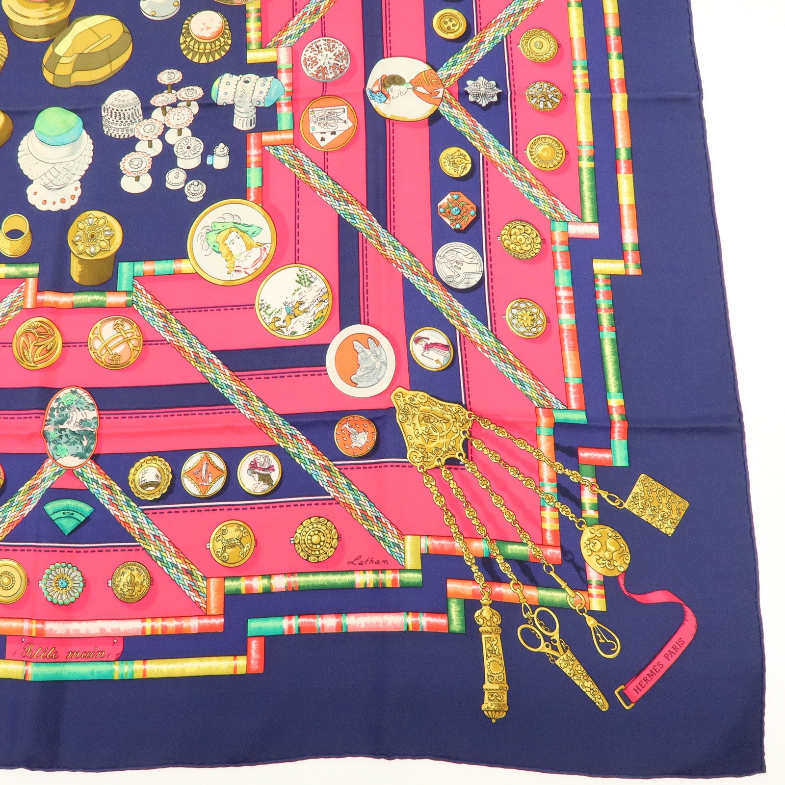 HERMES Carre 90 Silk 100% Petite Main Scarf Navy Pink Multicolor