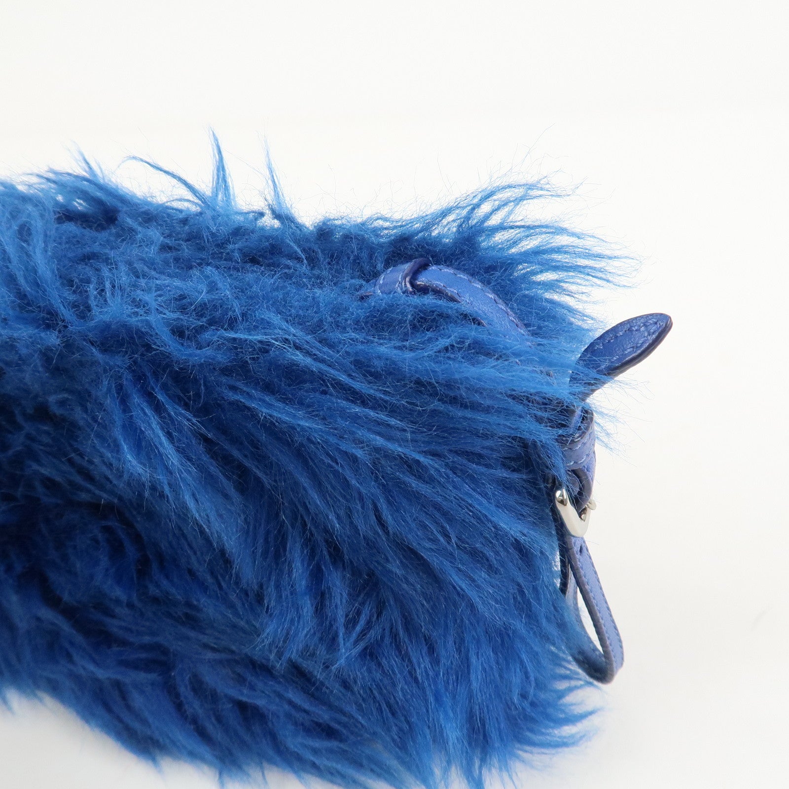 PRADA Triangle Logo Faux Fur Clutch Bag Flat Pouch Blue 1N1530