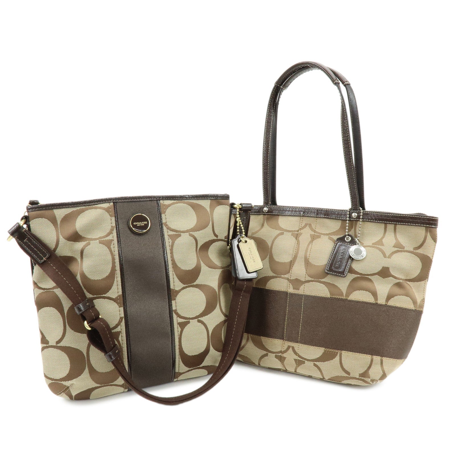 COACH Set of 2 Signature Canvas Leather Shoulder Bag Beige Brown