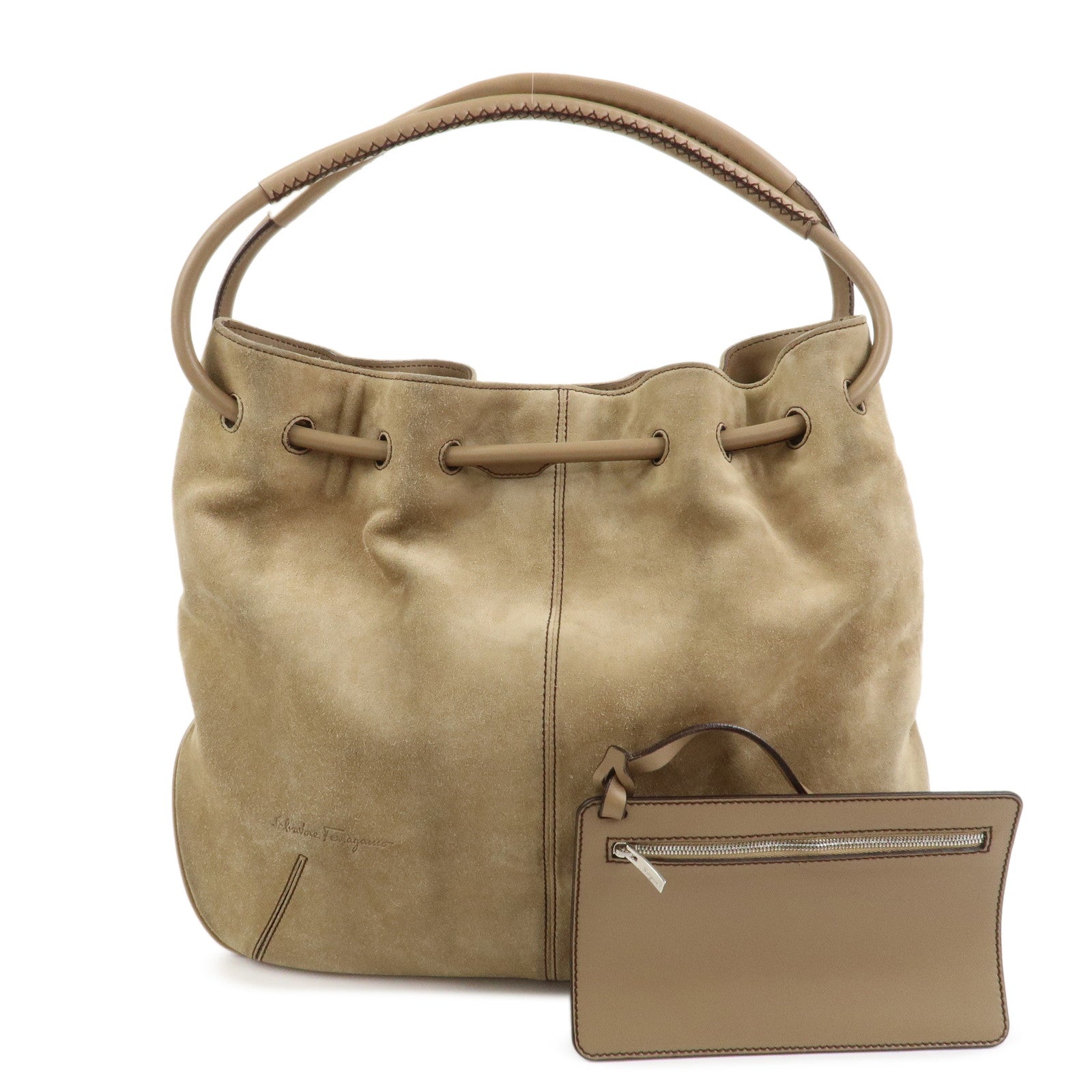 Ferragamo Suede Shoulder Bag Hand Bag Beige