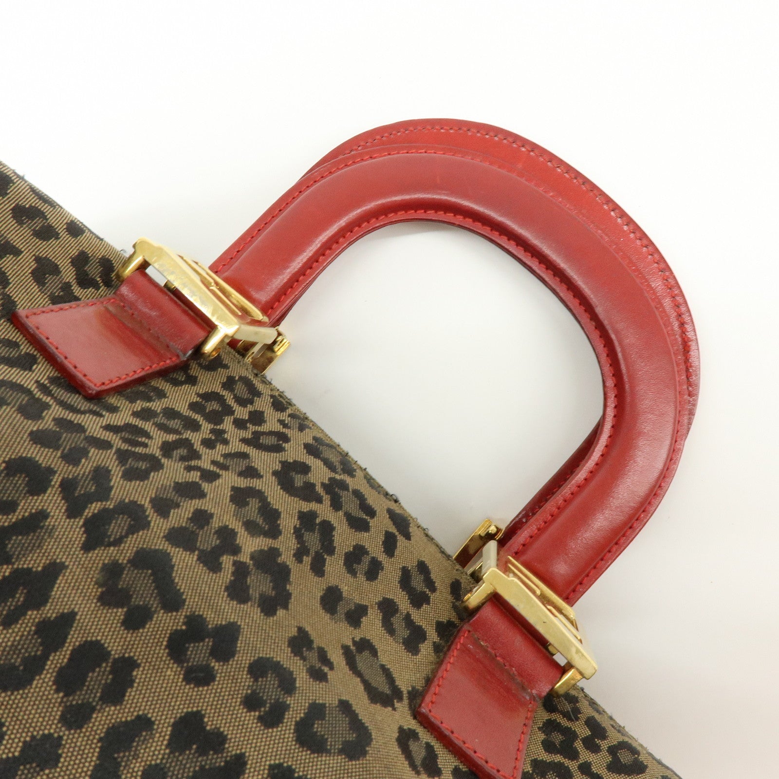 FENDI Canvas Leather Hand Bag Boston Bag Leopard Brown Red