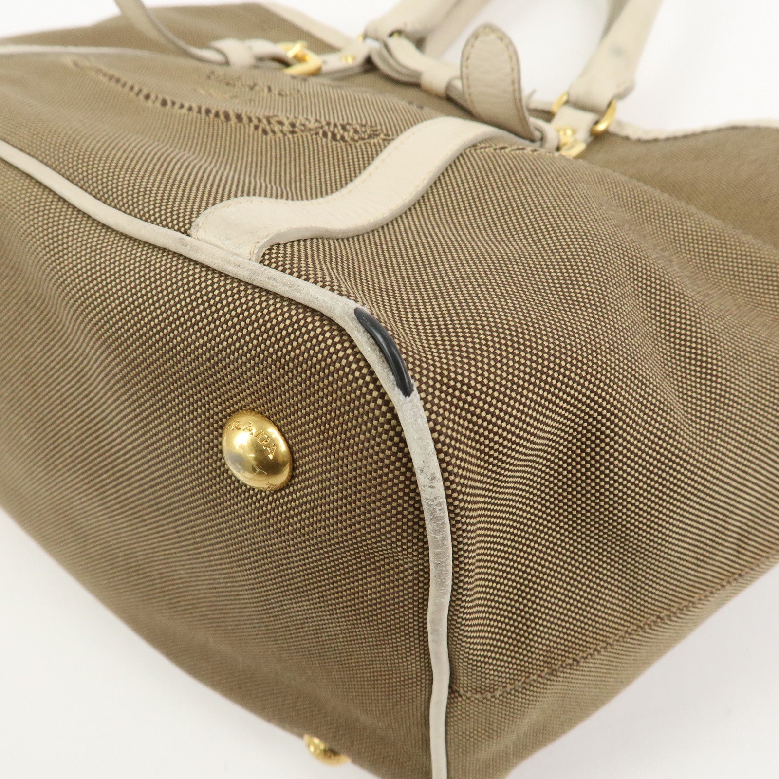 PRADA Logo Jacguard Leather 2Way Tote Bag Brown Ivory BN1841
