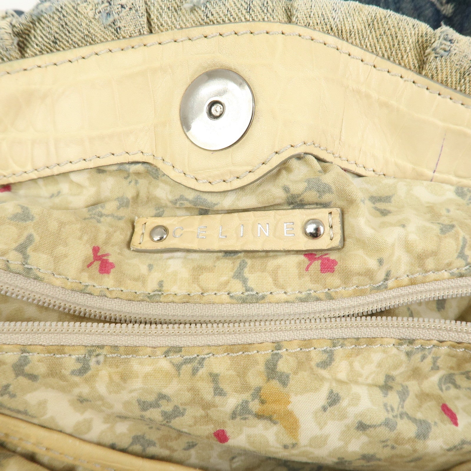 CELINE Macadam Denim Emboss Leather Tote Bag Hand Bag Blue Ivory