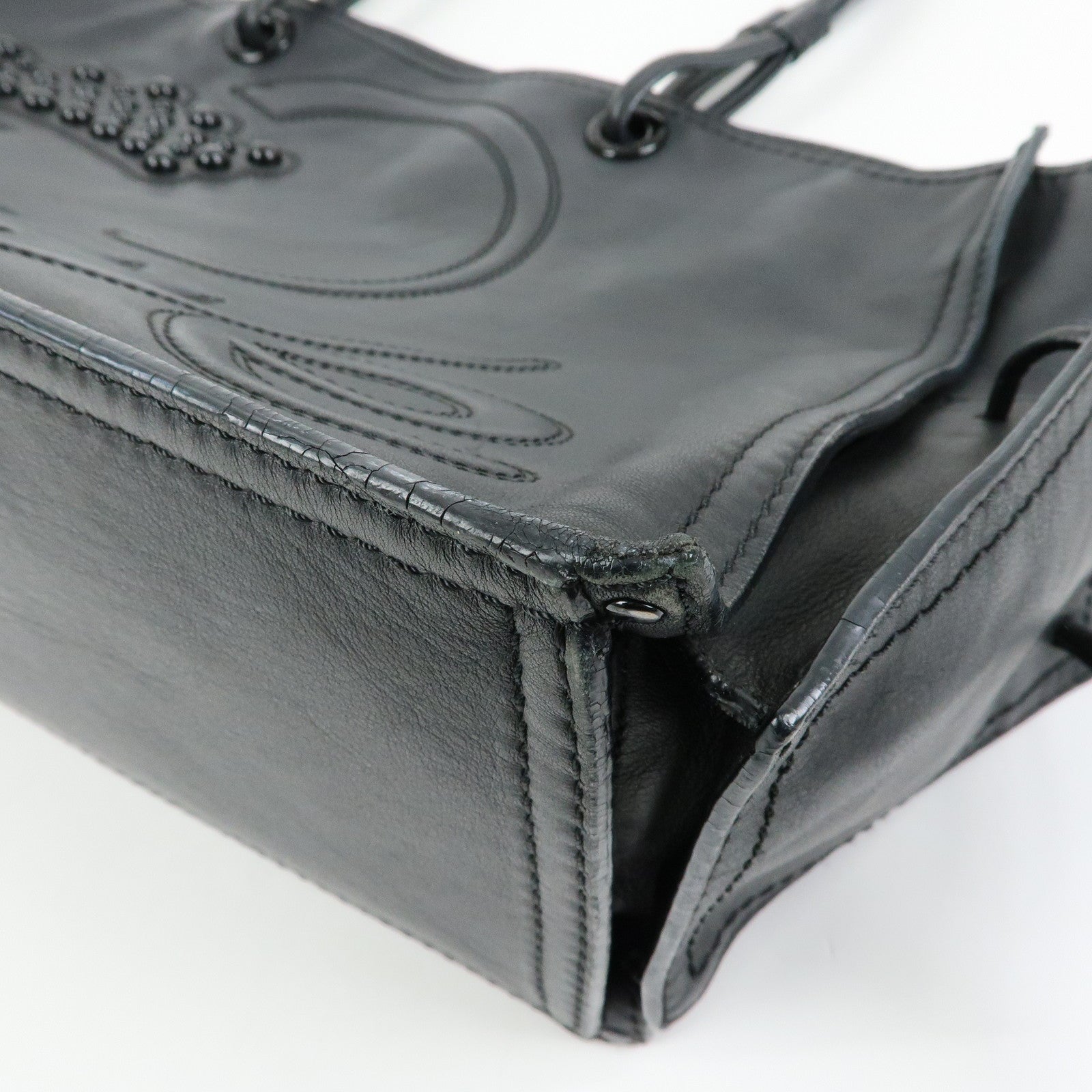 LOEWE Logo Studs Leather Shopper Tote Bag Shoulder Bag Black